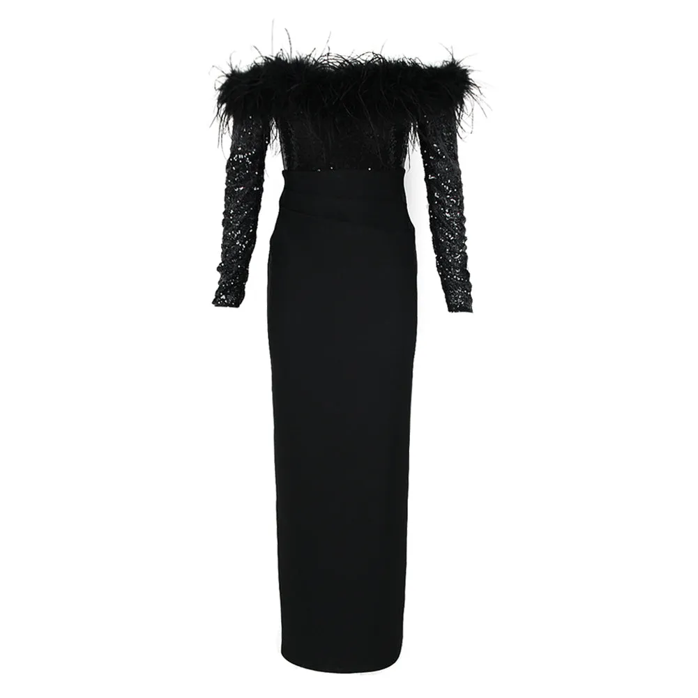 Off Shoulder Long Sleeve Feather Maxi Bandage Dress HL9503