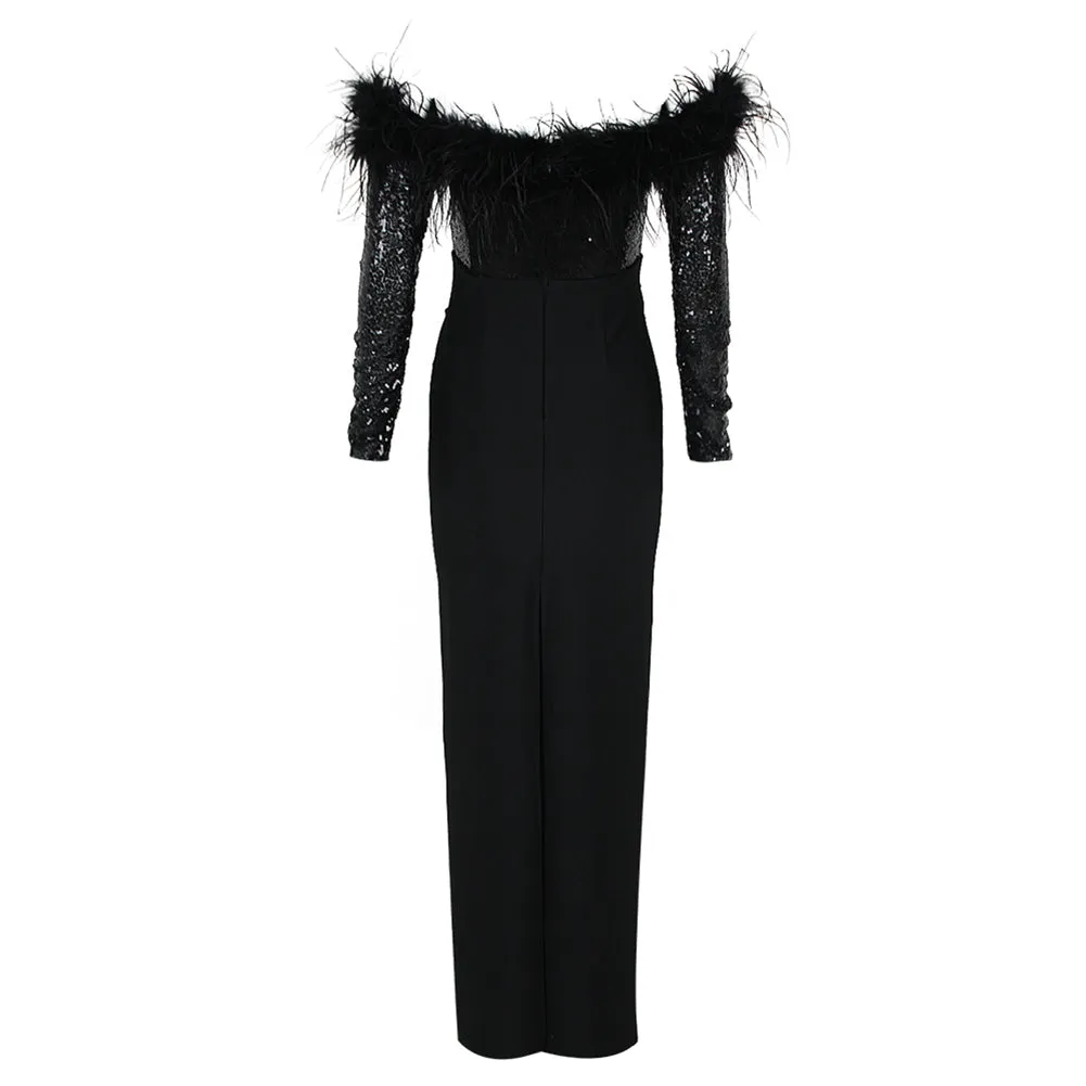 Off Shoulder Long Sleeve Feather Maxi Bandage Dress HL9503
