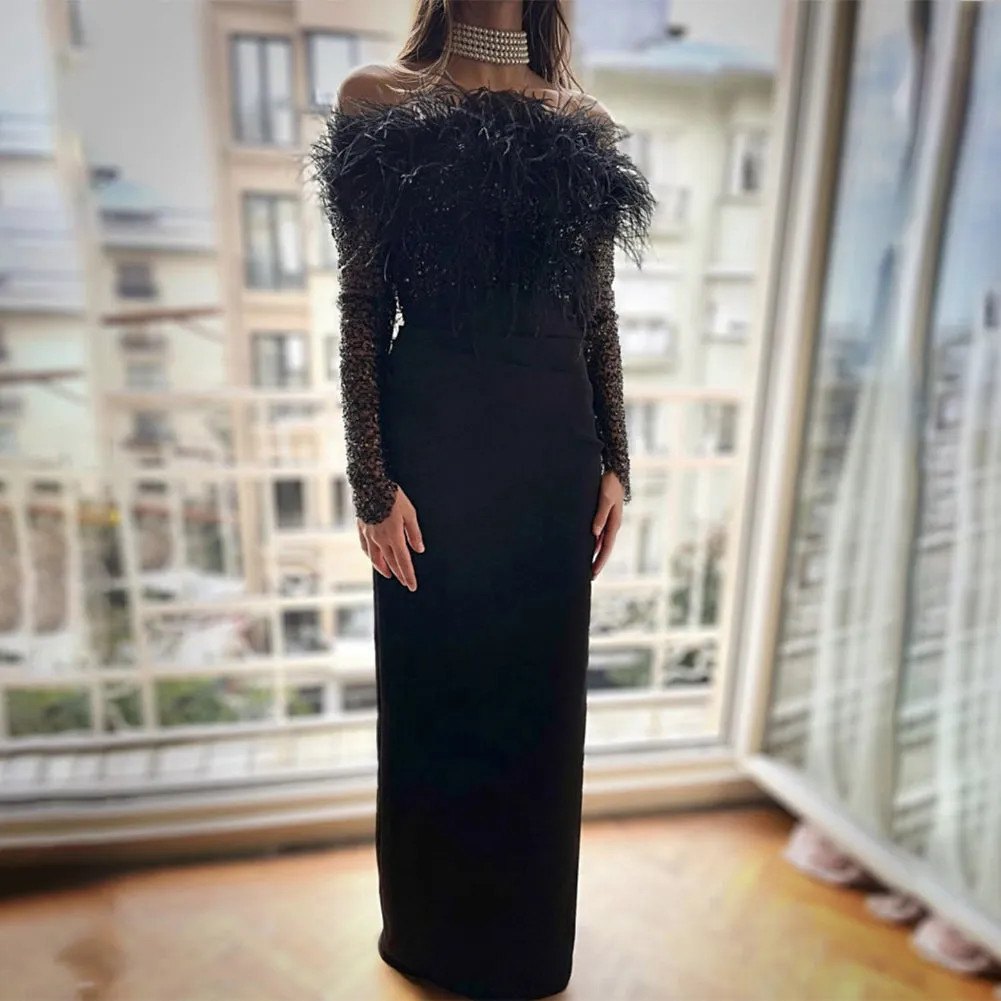 Off Shoulder Long Sleeve Feather Maxi Bandage Dress HL9503