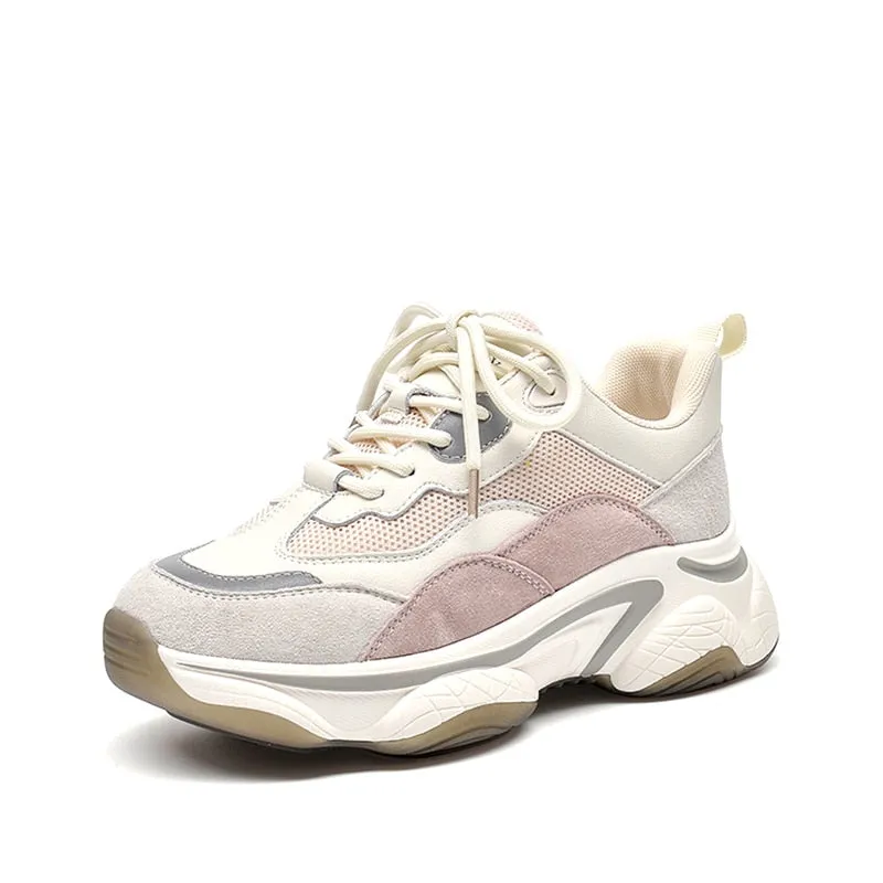 Original Beau Today Chunky Sneakers Women Nylon Mesh Leather Mixed Colors Lace-Up Closure Platform Comfy Lady Casual Shoes Handmade 29352