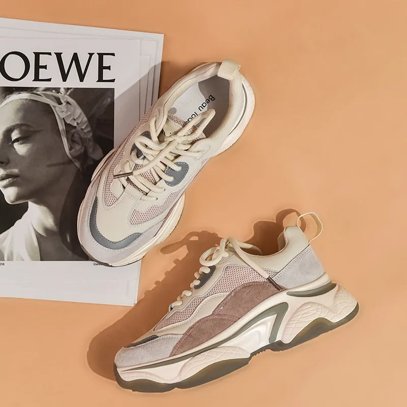 Original Beau Today Chunky Sneakers Women Nylon Mesh Leather Mixed Colors Lace-Up Closure Platform Comfy Lady Casual Shoes Handmade 29352
