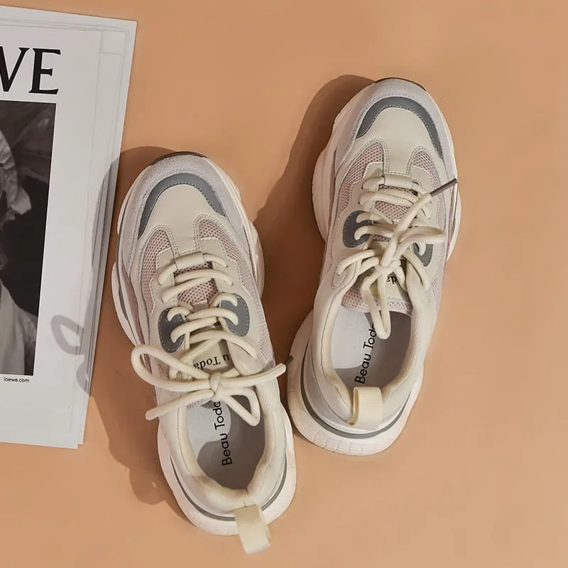 Original Beau Today Chunky Sneakers Women Nylon Mesh Leather Mixed Colors Lace-Up Closure Platform Comfy Lady Casual Shoes Handmade 29352