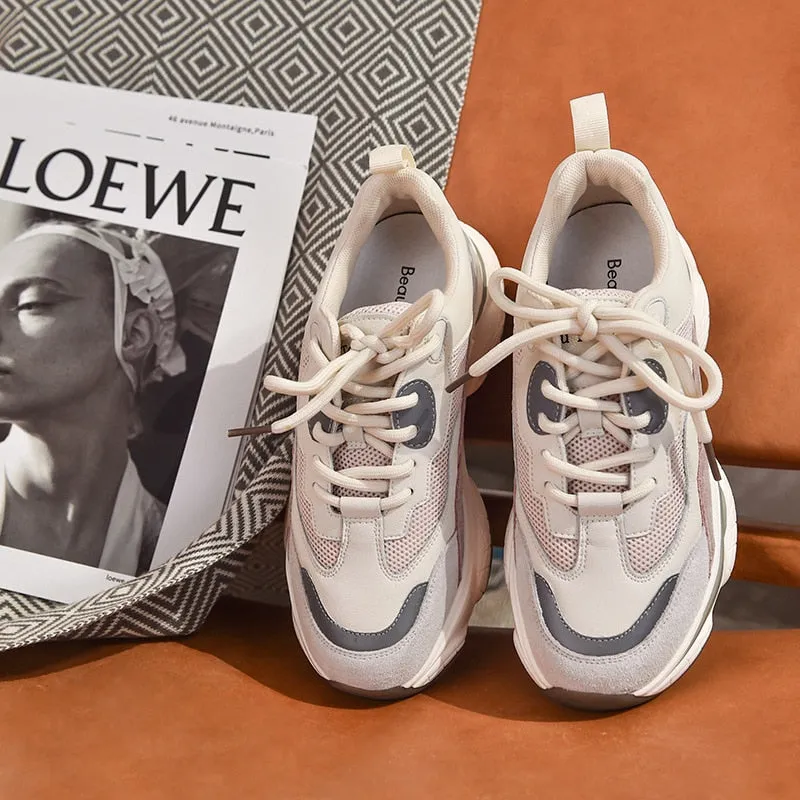 Original Beau Today Chunky Sneakers Women Nylon Mesh Leather Mixed Colors Lace-Up Closure Platform Comfy Lady Casual Shoes Handmade 29352