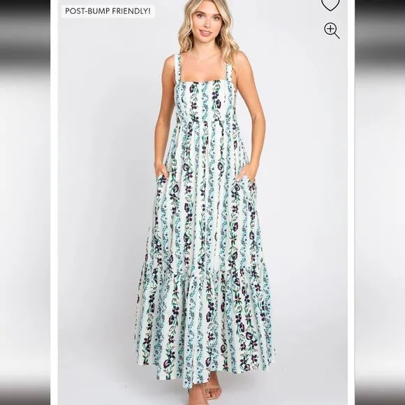 PinkBlush Mable Blue Floral Striped Square Neck Maternity Maxi Dress S Small