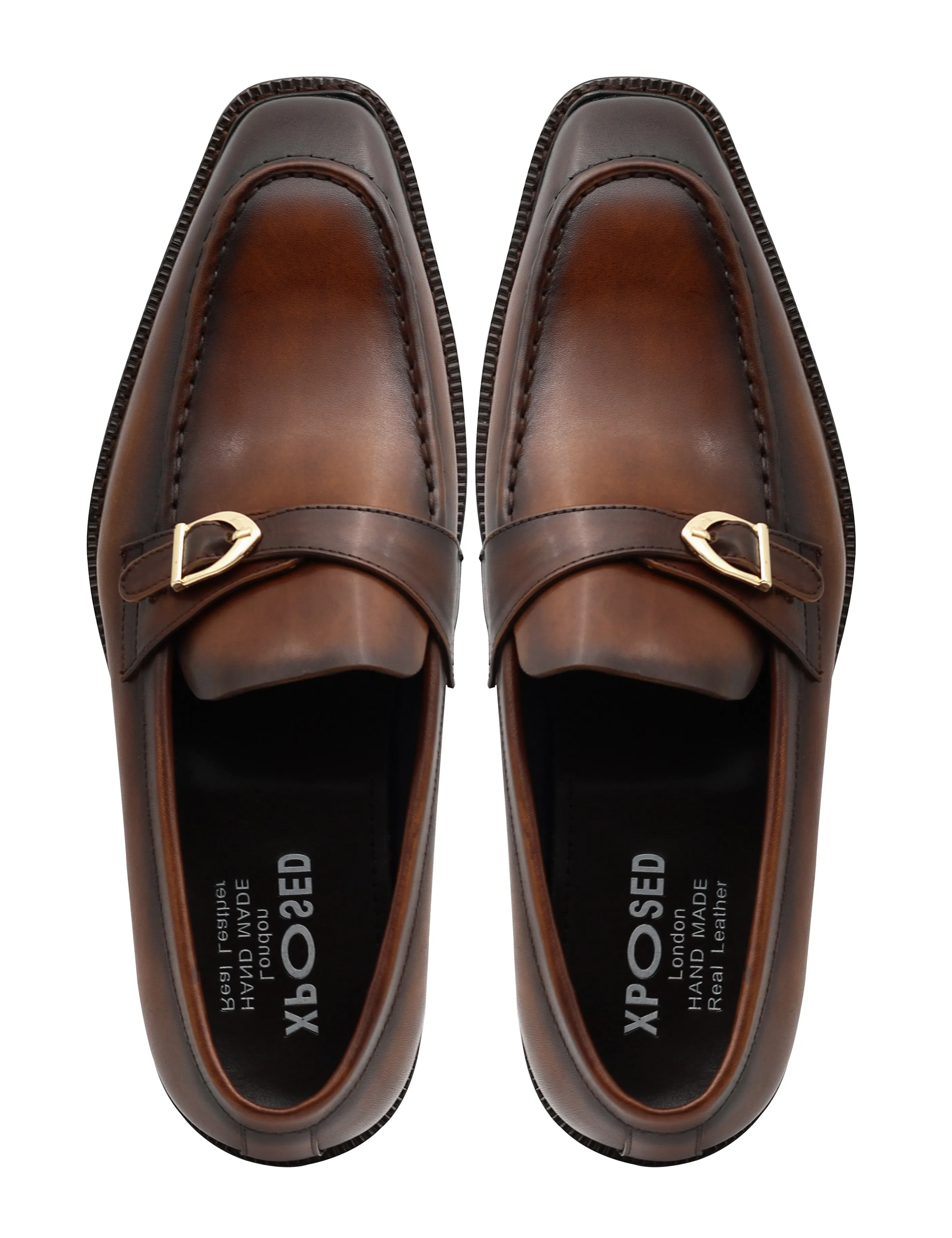 POLISHED BROWN LEATHER SINGLE MONK SHOES