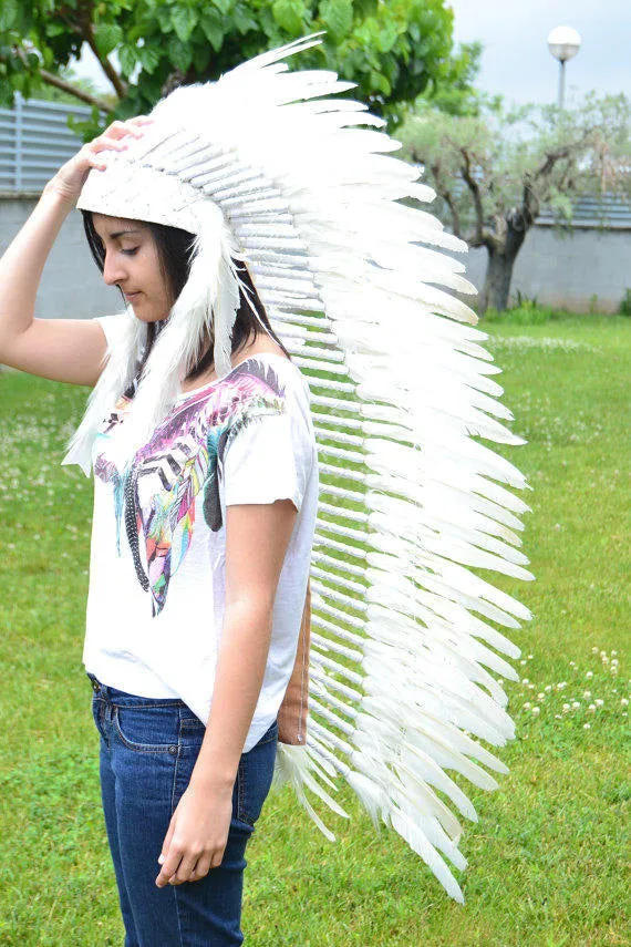 PRICE REDUCED N101- Extra Large Indian White Feather Headdress Headdress (43 inch long )