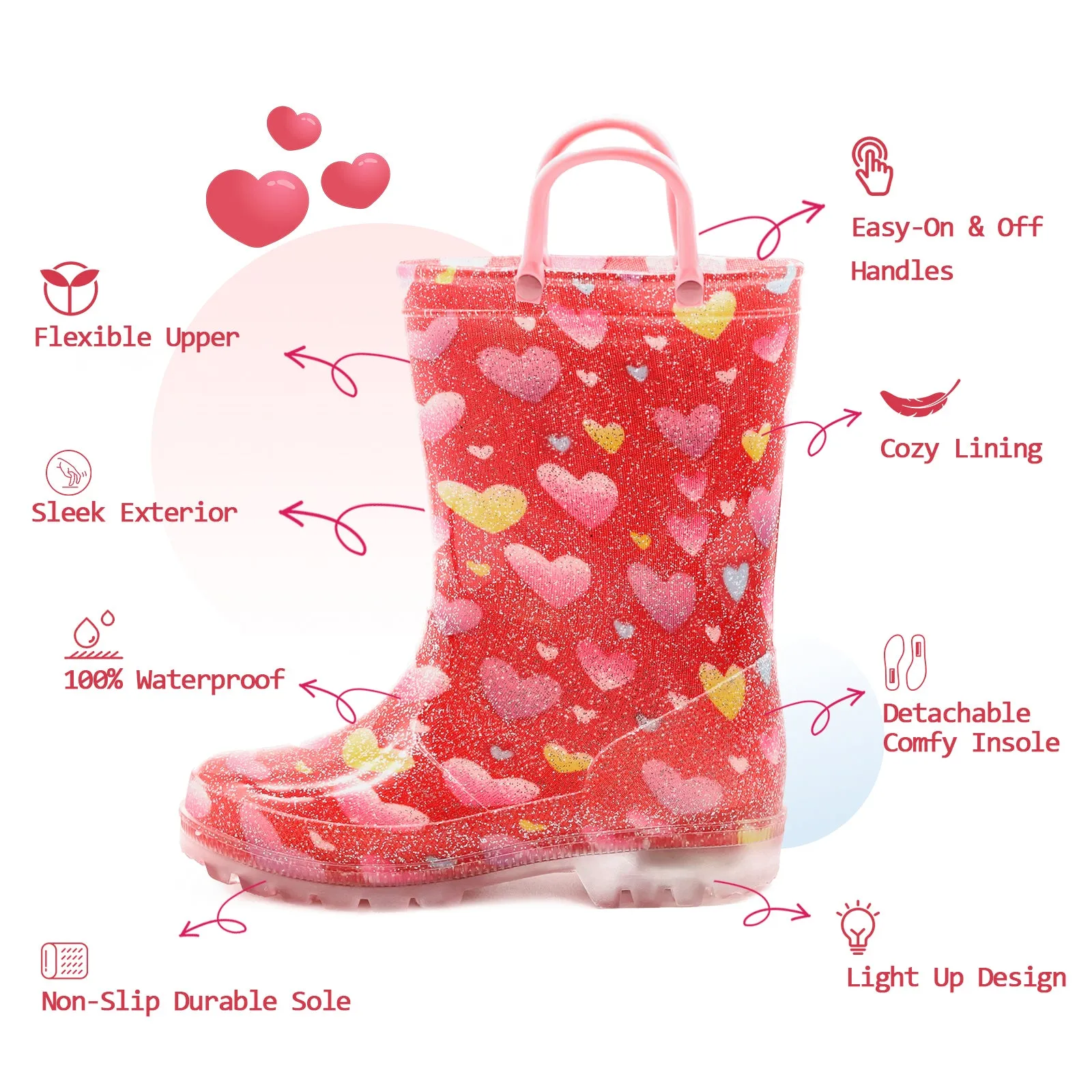 Red Heart Light Up Kids Rain Boots with Handles