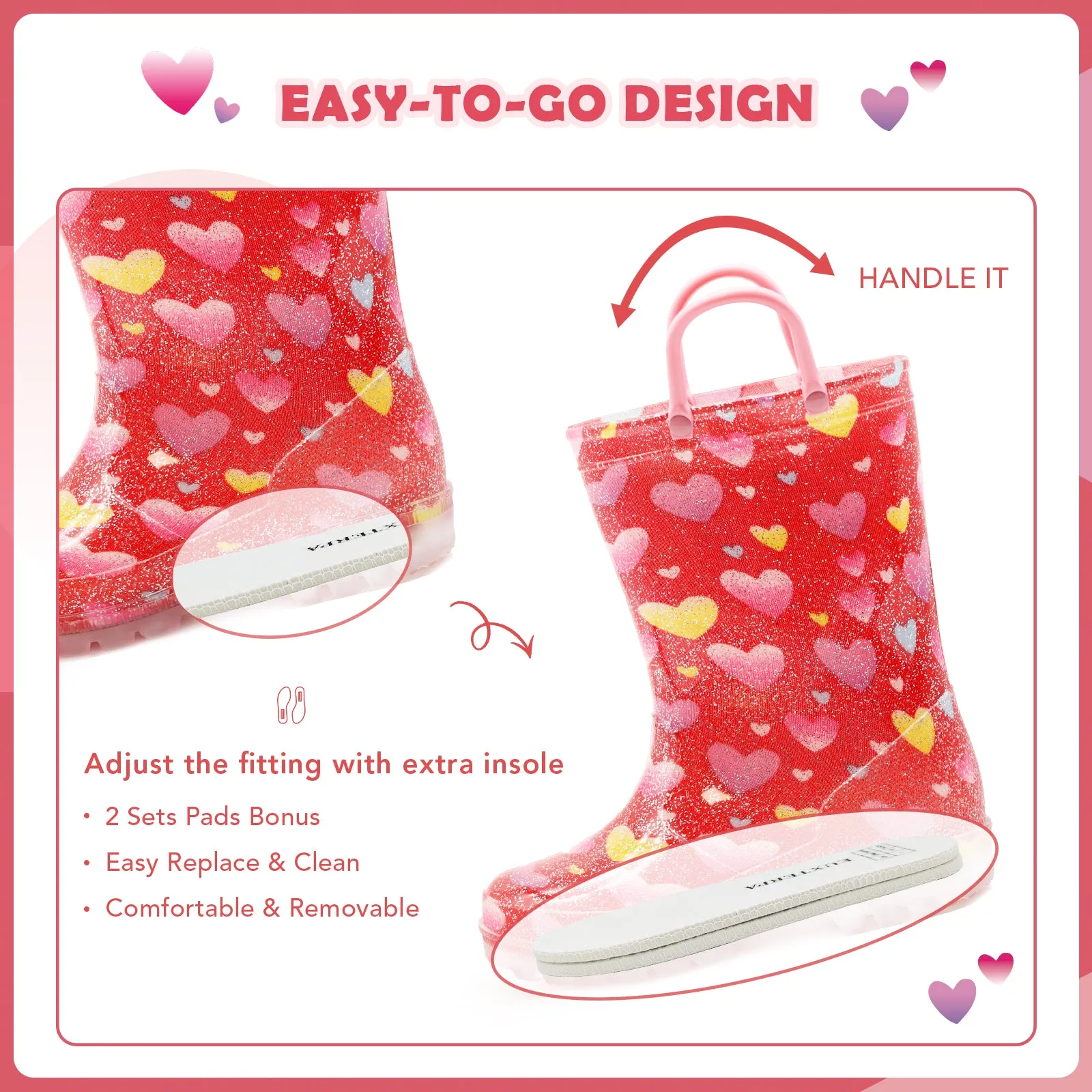 Red Heart Light Up Kids Rain Boots with Handles