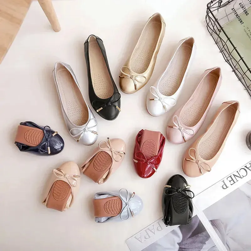 Roll up Ballerina Flat Shoes Lady Custom Summer New Arrival ladies Pu Leather Solid Color Flat Shoes