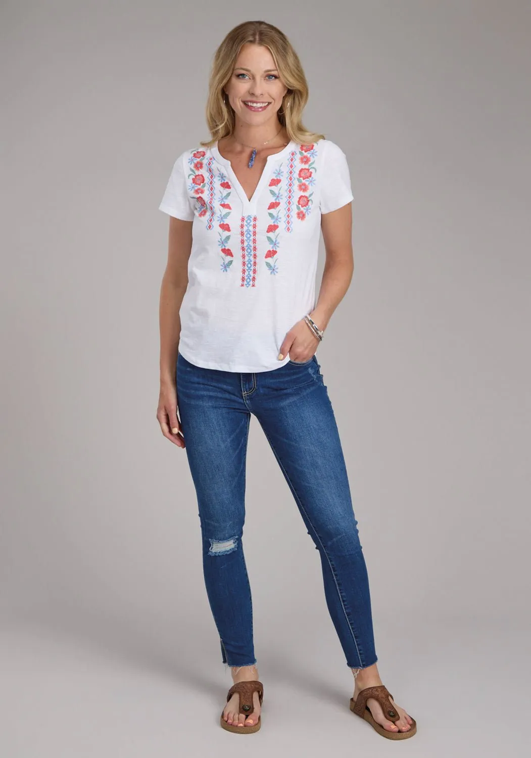 Roper Womens 2434 Red Flowers White 100% Cotton S/S T-Shirt