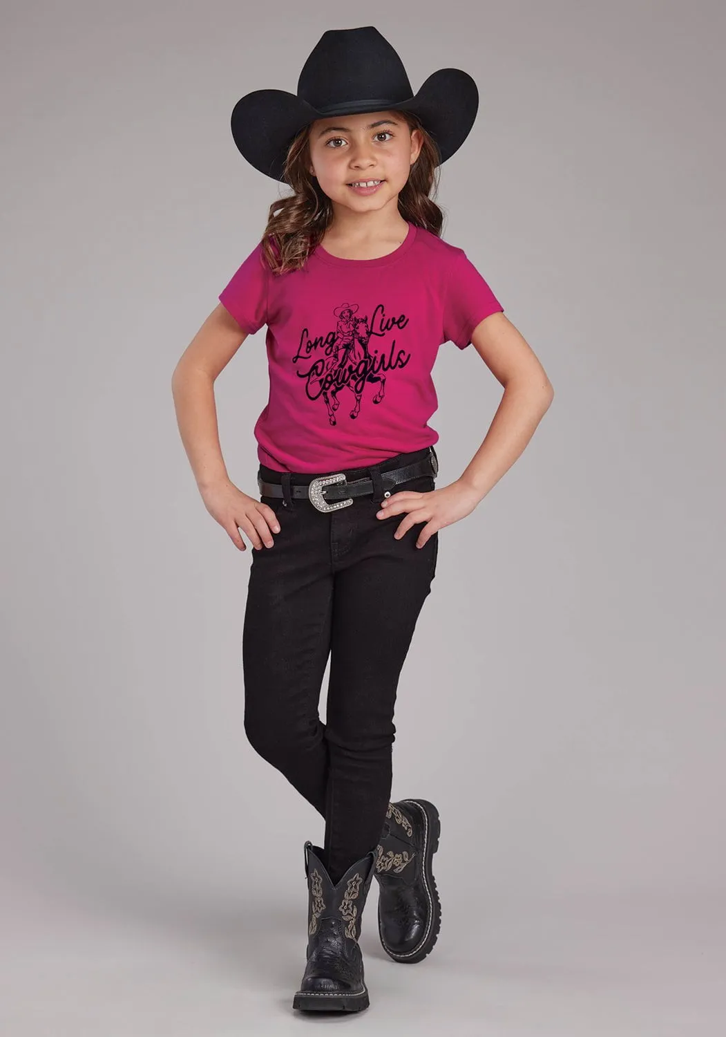 Roper Youth Girls Long Live Cowgirls Pink Poly/Rayon S/S T-Shirt
