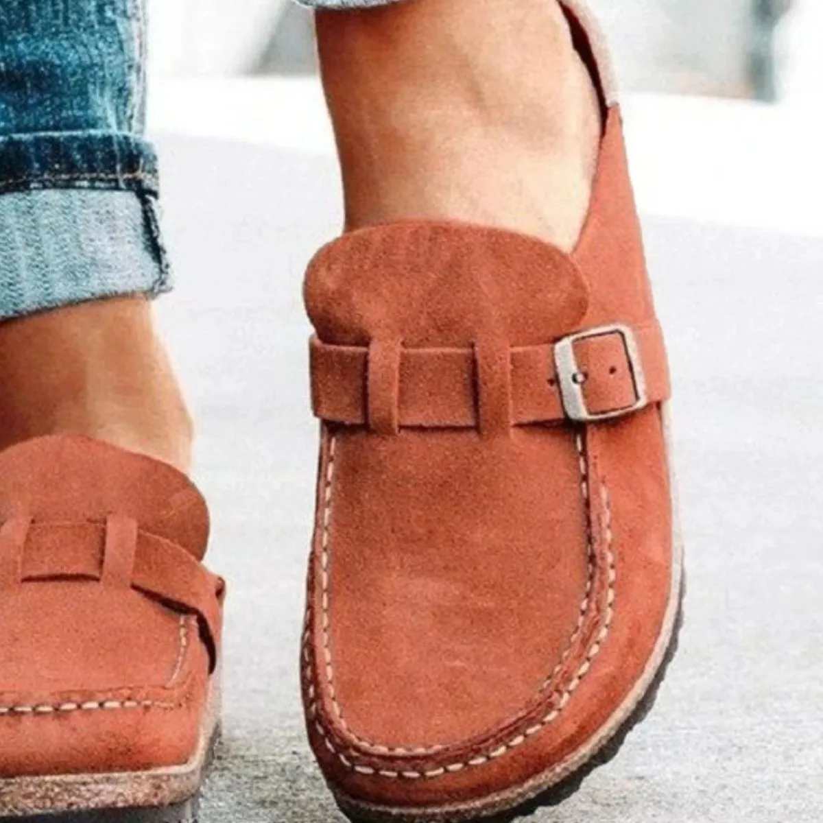 Round Toe Low Heel Buckle Slip On Shoes Loafers Clogs