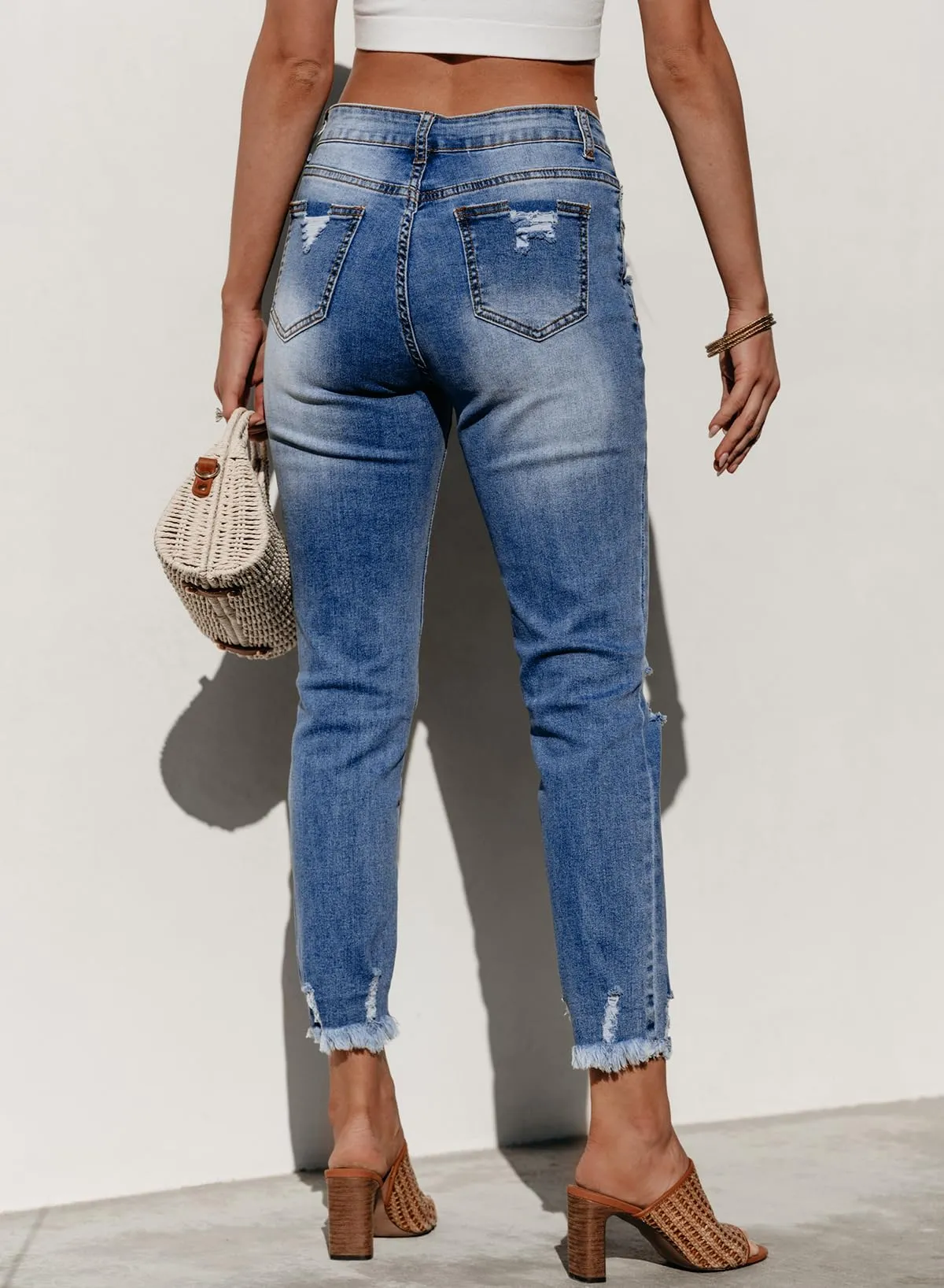 Sidefeel Women's Fashion Jeans High Waisted Boyfriend Ripped Straight Leg Denim Pants Sky Blue