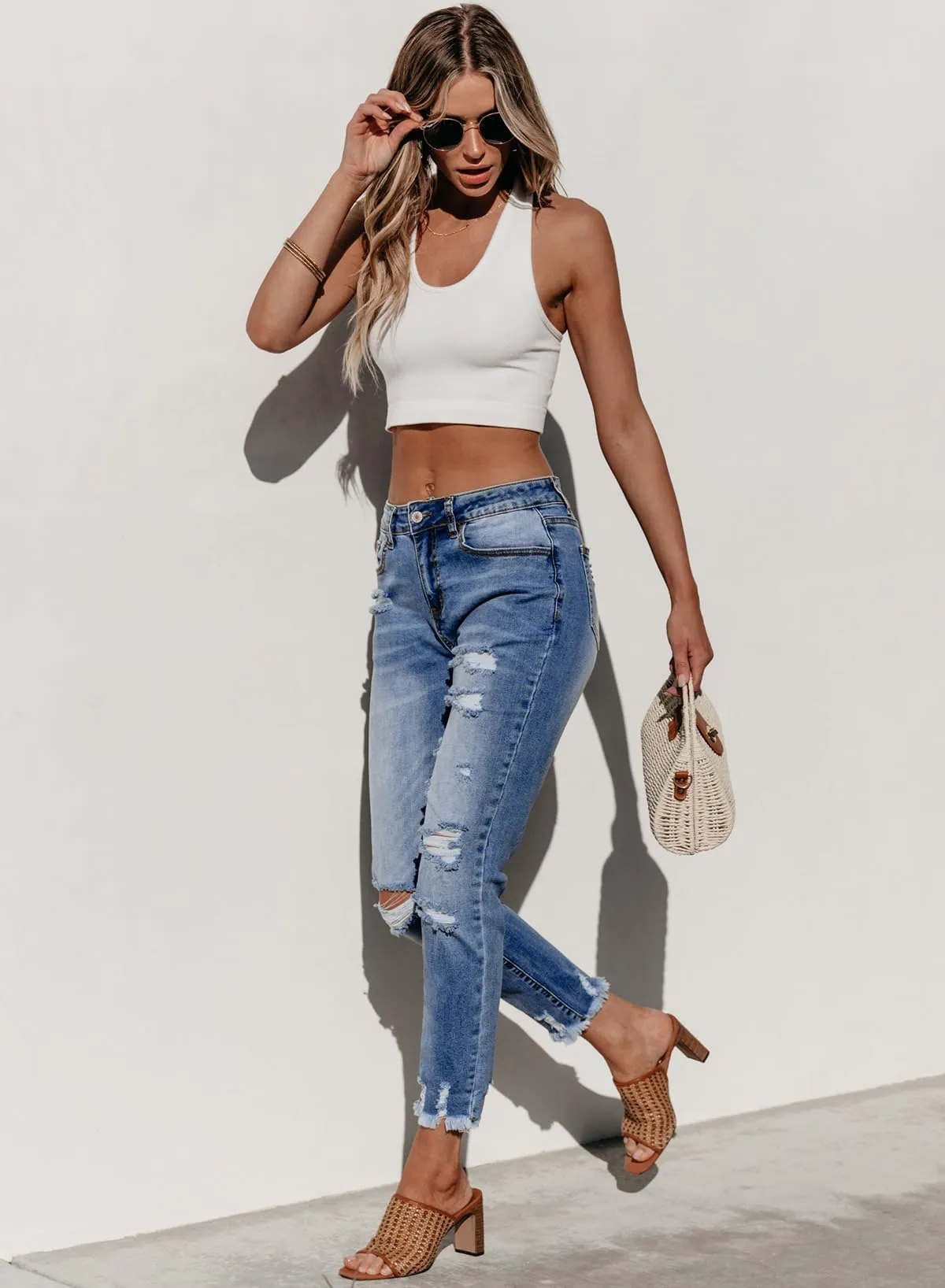 Sidefeel Women's Fashion Jeans High Waisted Boyfriend Ripped Straight Leg Denim Pants Sky Blue