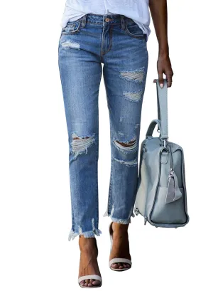 Sidefeel Women's Fashion Jeans High Waisted Boyfriend Ripped Straight Leg Denim Pants Sky Blue