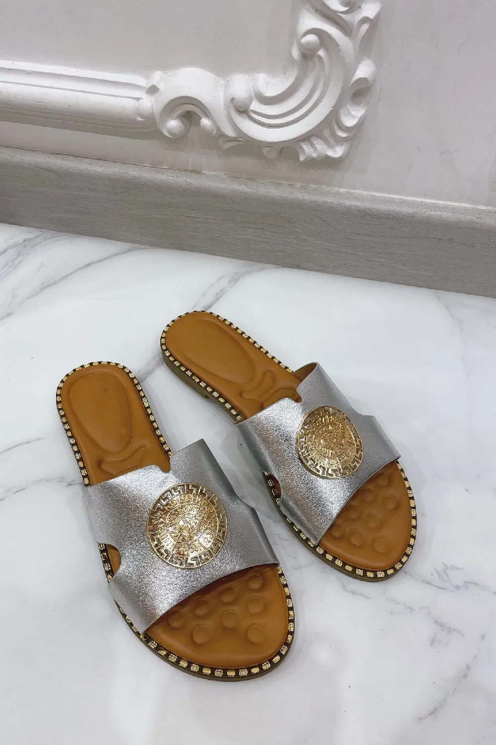 SILVER FLAT SLIP ON DECORATIVE DETAIL COMFY FOOTBED SLIDER SUMMER SANDALS