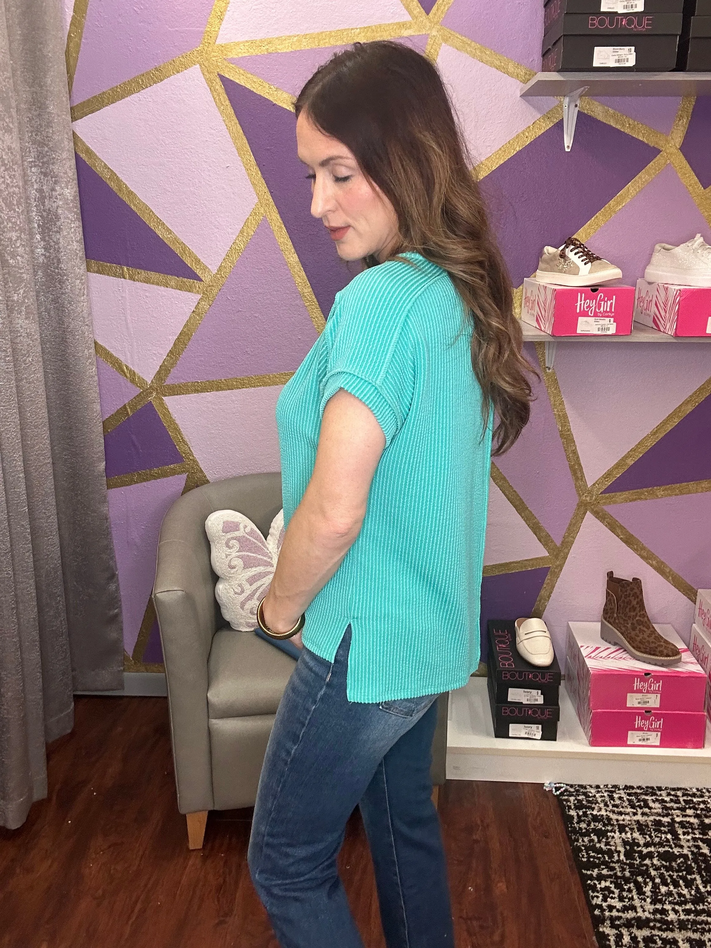 Stay True Ribbed Top: Turquoise