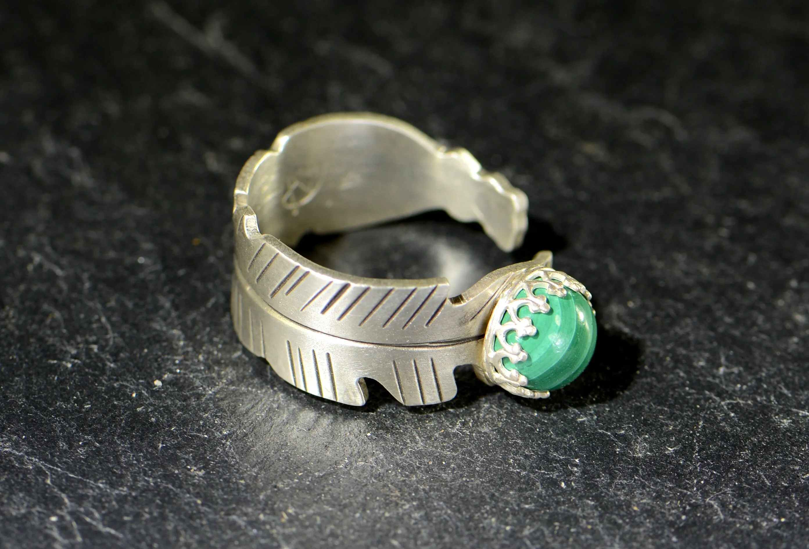Sterling Silver Feather Wrap Ring with Malachite Stone