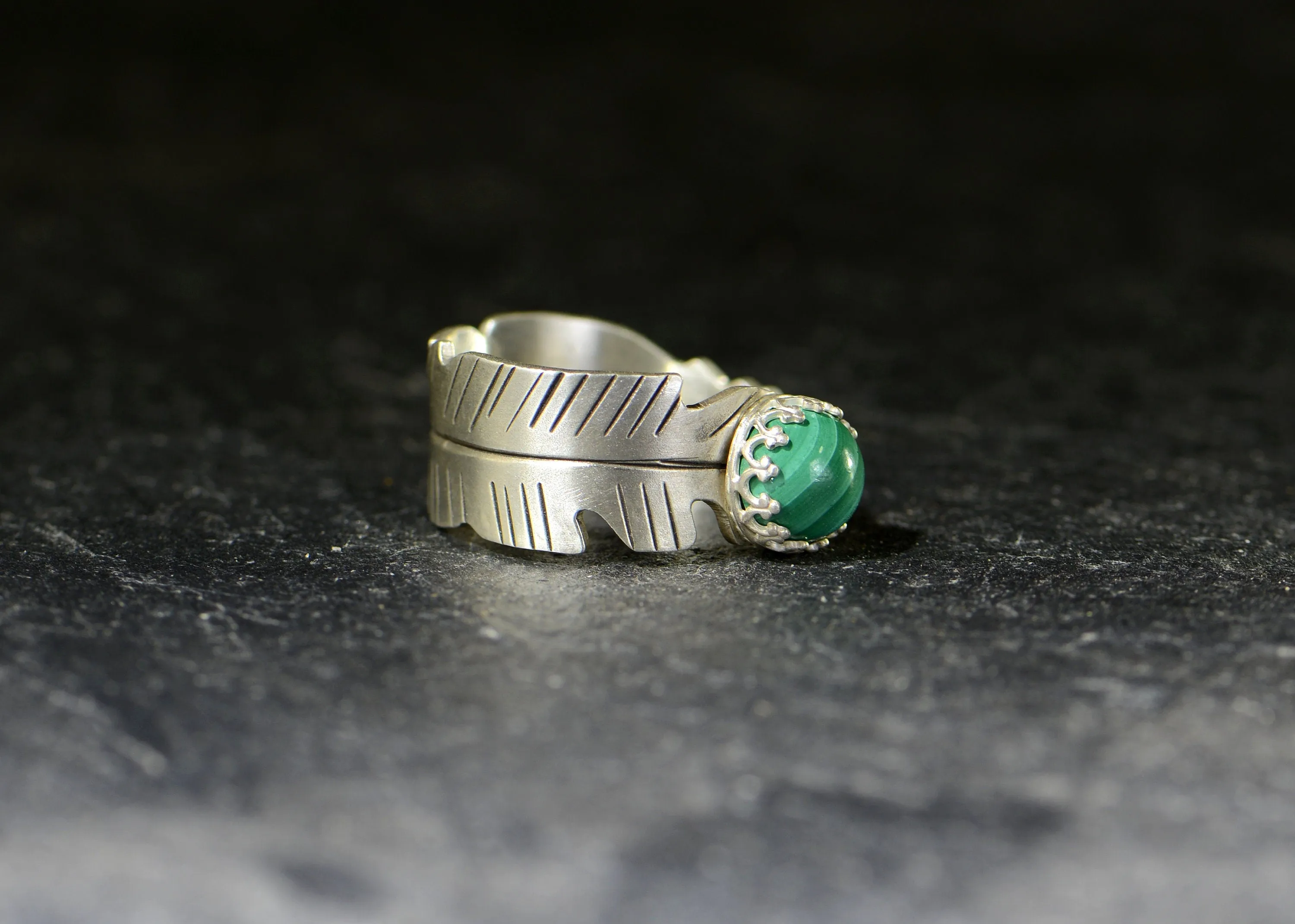 Sterling Silver Feather Wrap Ring with Malachite Stone