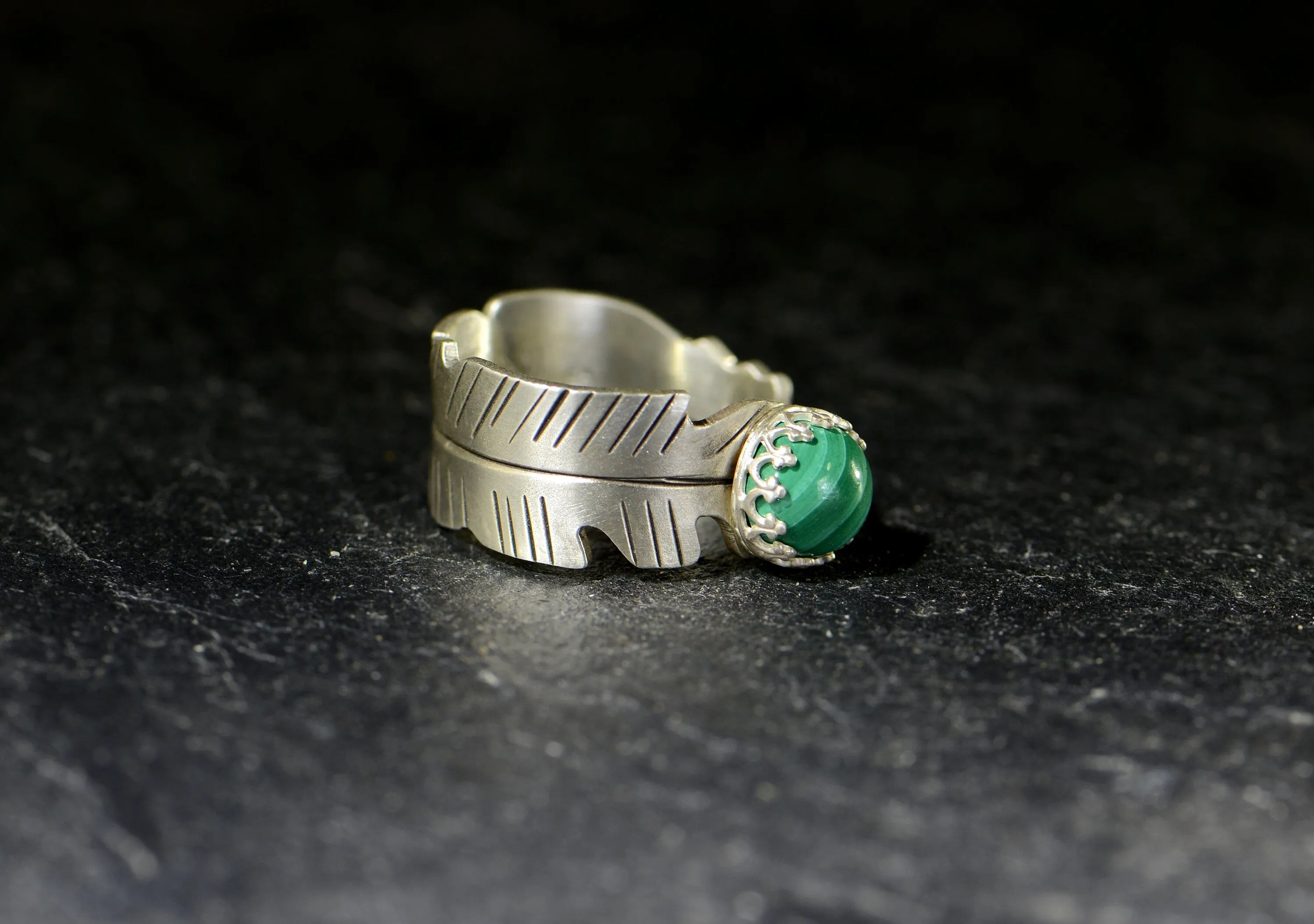 Sterling Silver Feather Wrap Ring with Malachite Stone