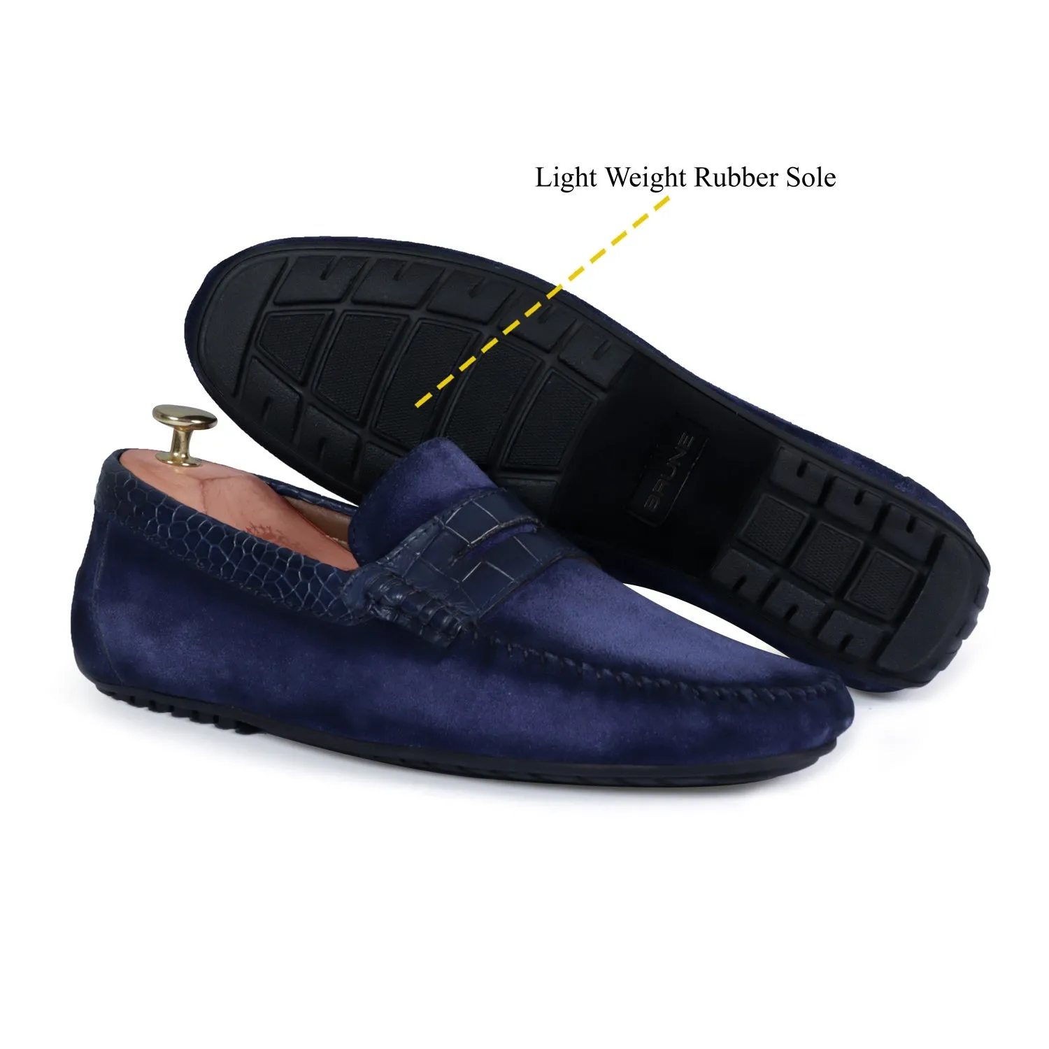 Suede Leather Loafers With Blue Croco Textured Leather Trim Topline