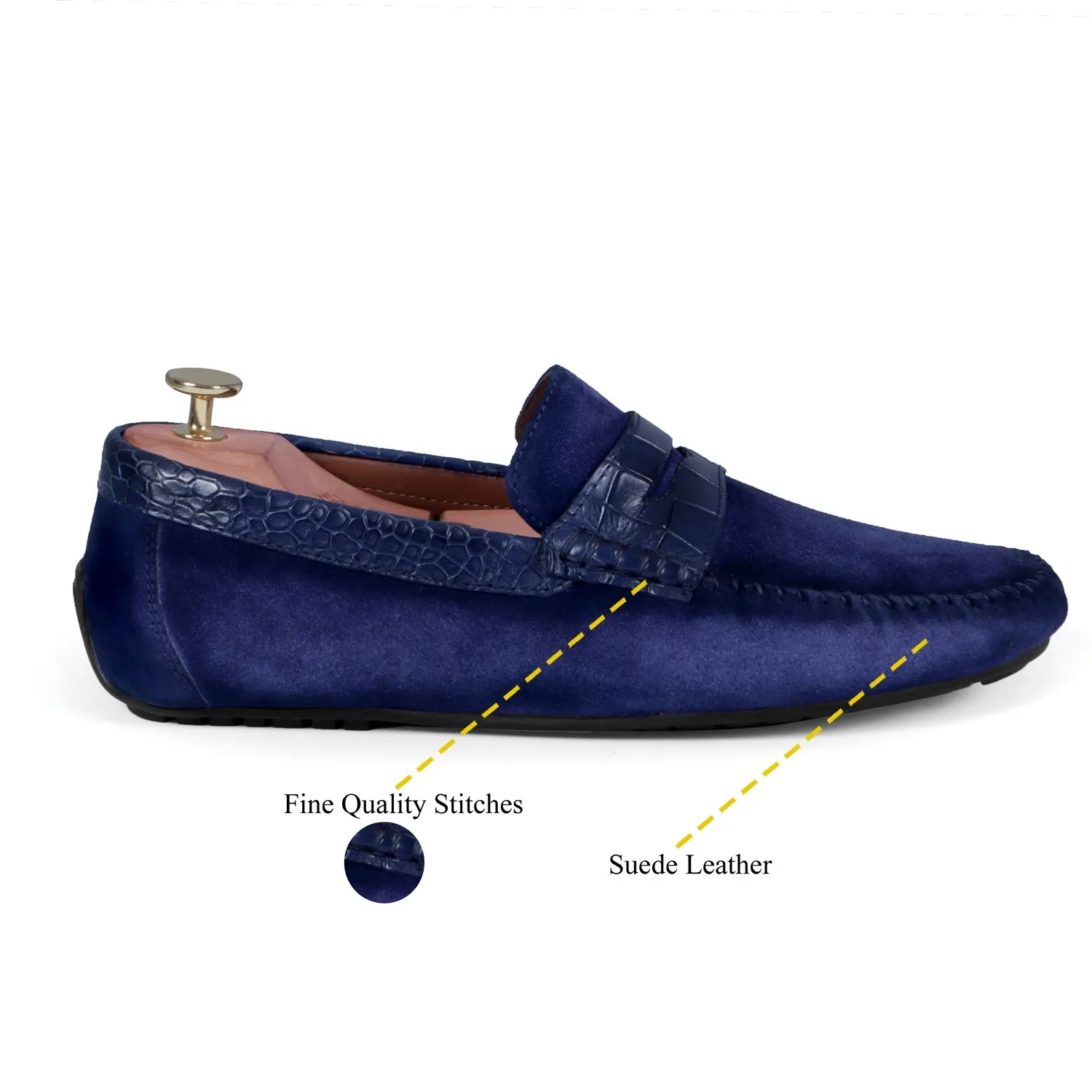 Suede Leather Loafers With Blue Croco Textured Leather Trim Topline