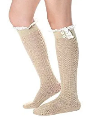 Tan Boho Boot Socks Crochet Lace Button Top Pointelle Knee High Beige Khaki One Size