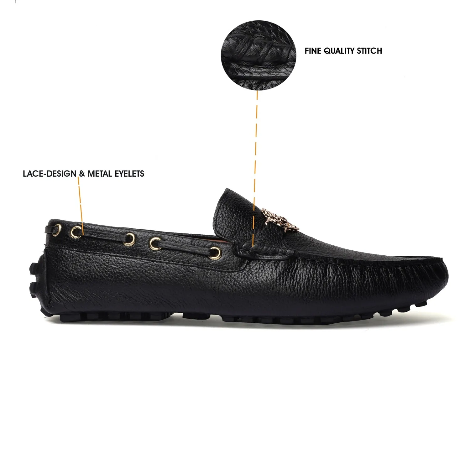 Textured Leather Nubs Driver Sole Loafer in Black Color