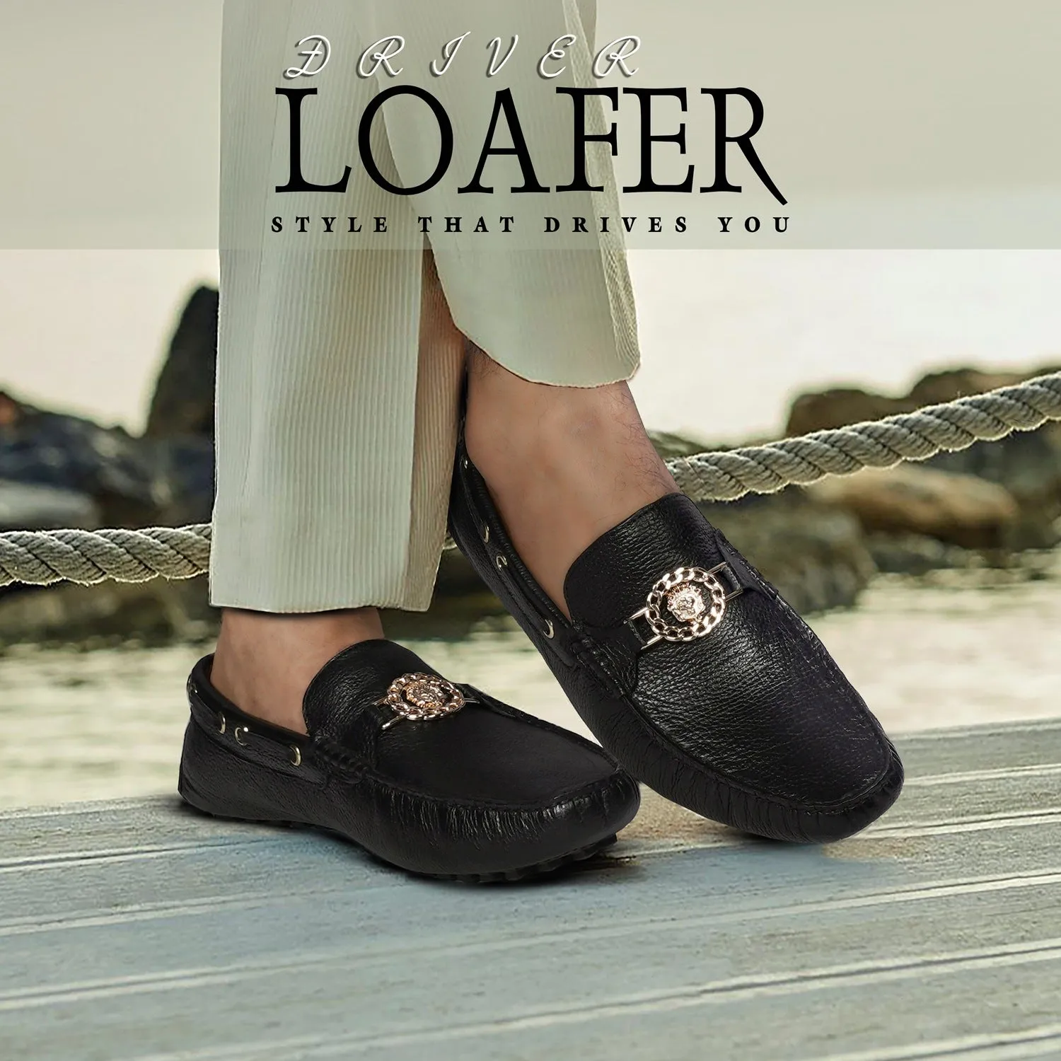 Textured Leather Nubs Driver Sole Loafer in Black Color
