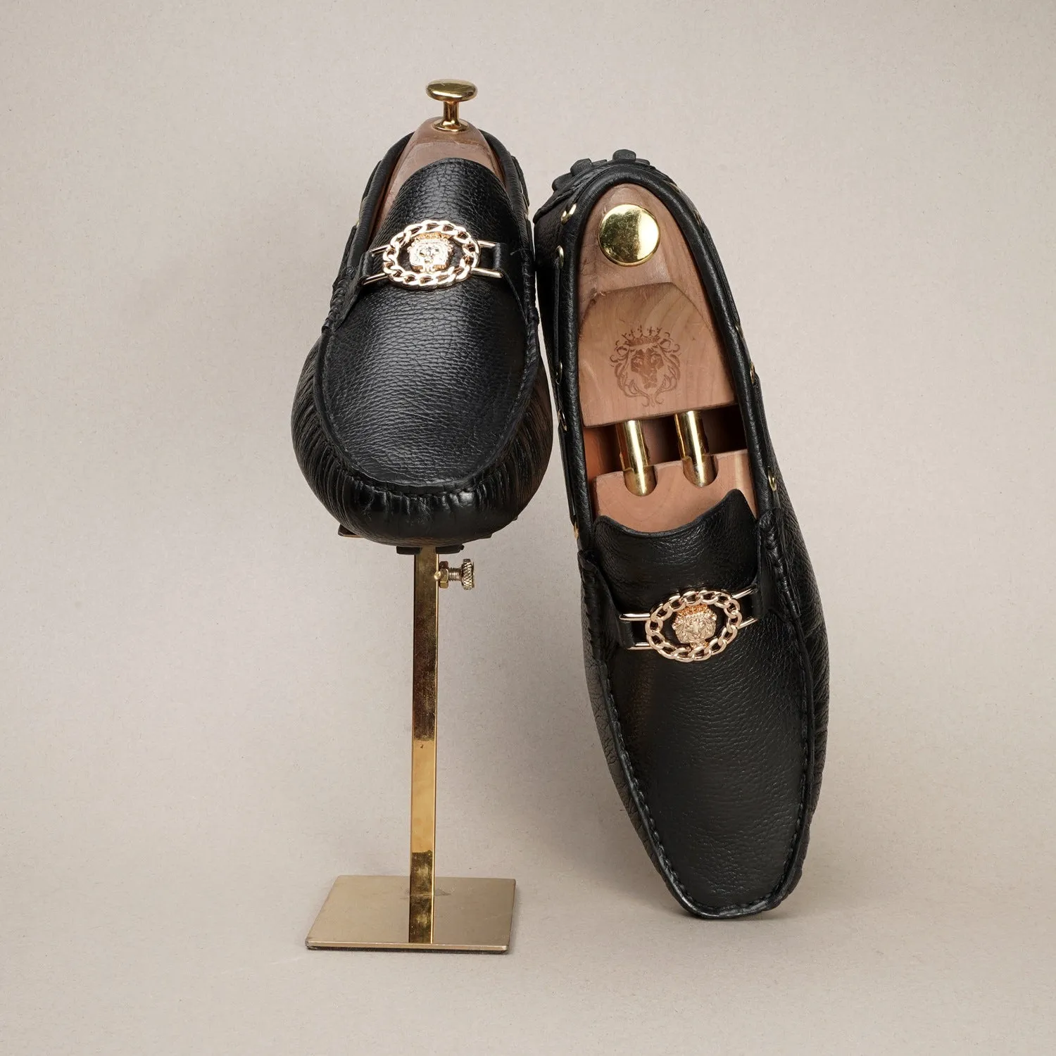 Textured Leather Nubs Driver Sole Loafer in Black Color