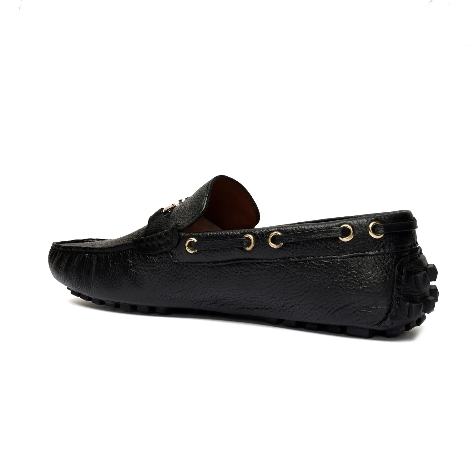 Textured Leather Nubs Driver Sole Loafer in Black Color