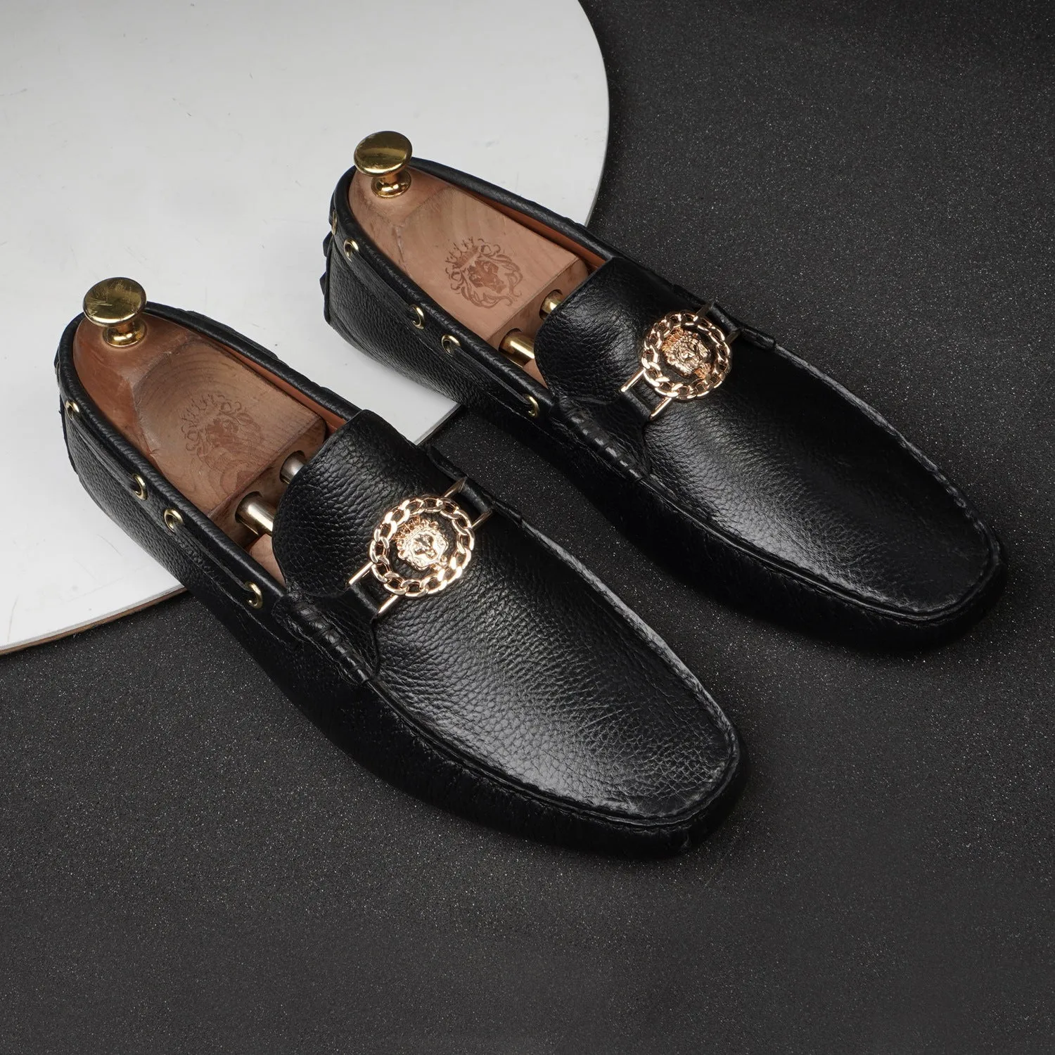 Textured Leather Nubs Driver Sole Loafer in Black Color
