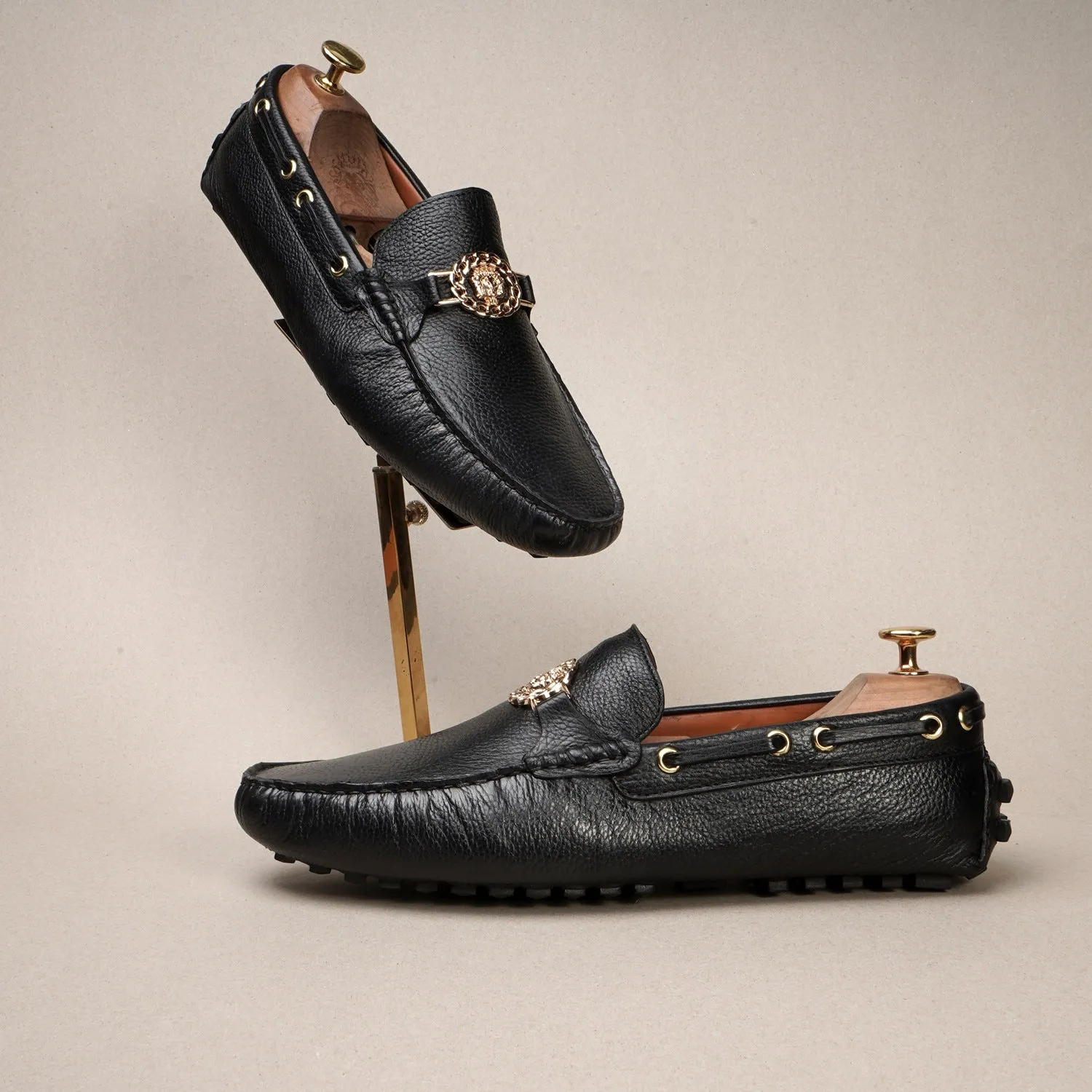 Textured Leather Nubs Driver Sole Loafer in Black Color