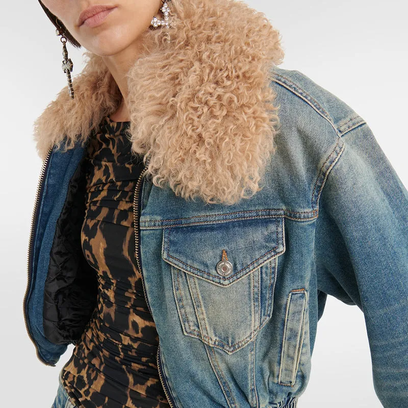 Trendy Removable Fur Collar Cropped Denim Jacket