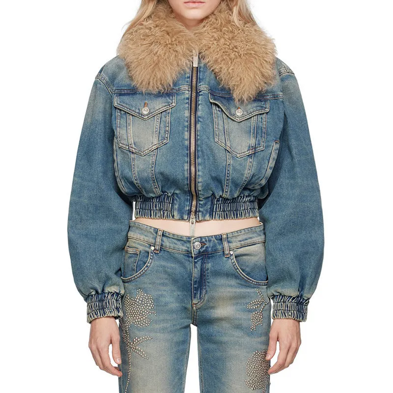 Trendy Removable Fur Collar Cropped Denim Jacket