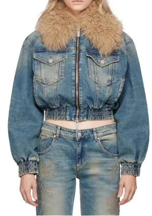 Trendy Removable Fur Collar Cropped Denim Jacket