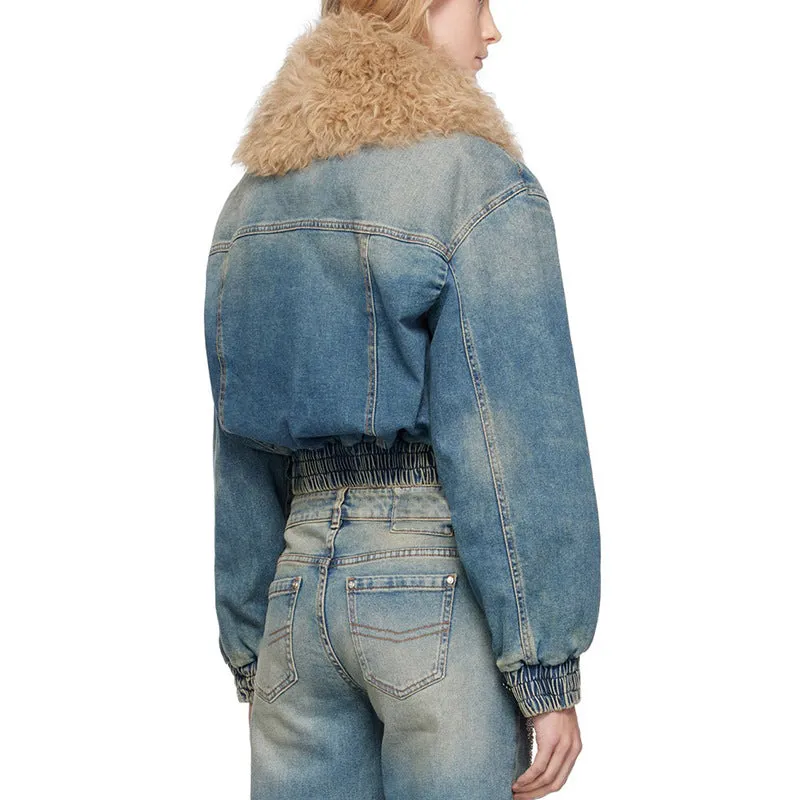Trendy Removable Fur Collar Cropped Denim Jacket
