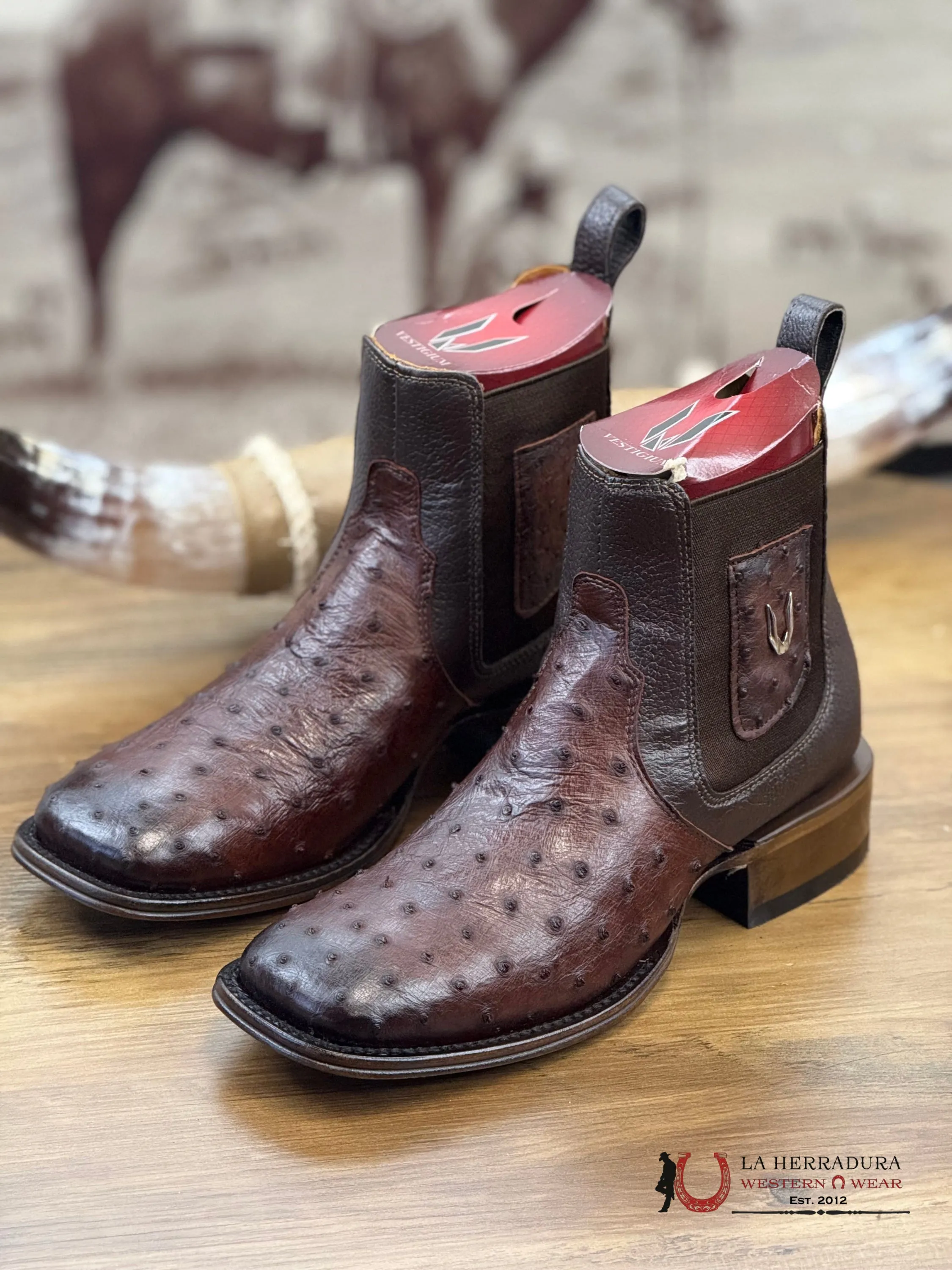 VESTIGIUM SHORT BOTIN EXOTIC OSTRICH BROWN LEATHER - 0316