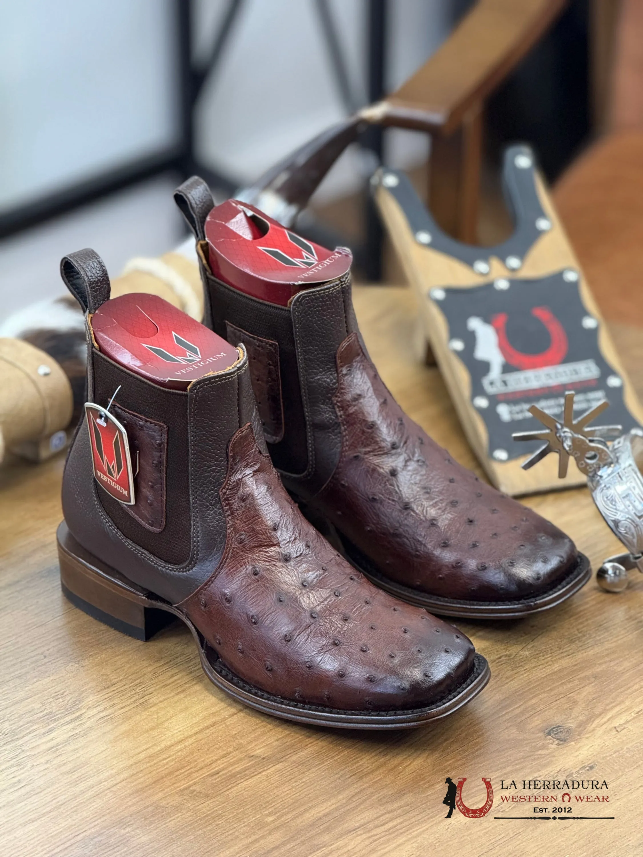 VESTIGIUM SHORT BOTIN EXOTIC OSTRICH BROWN LEATHER - 0316