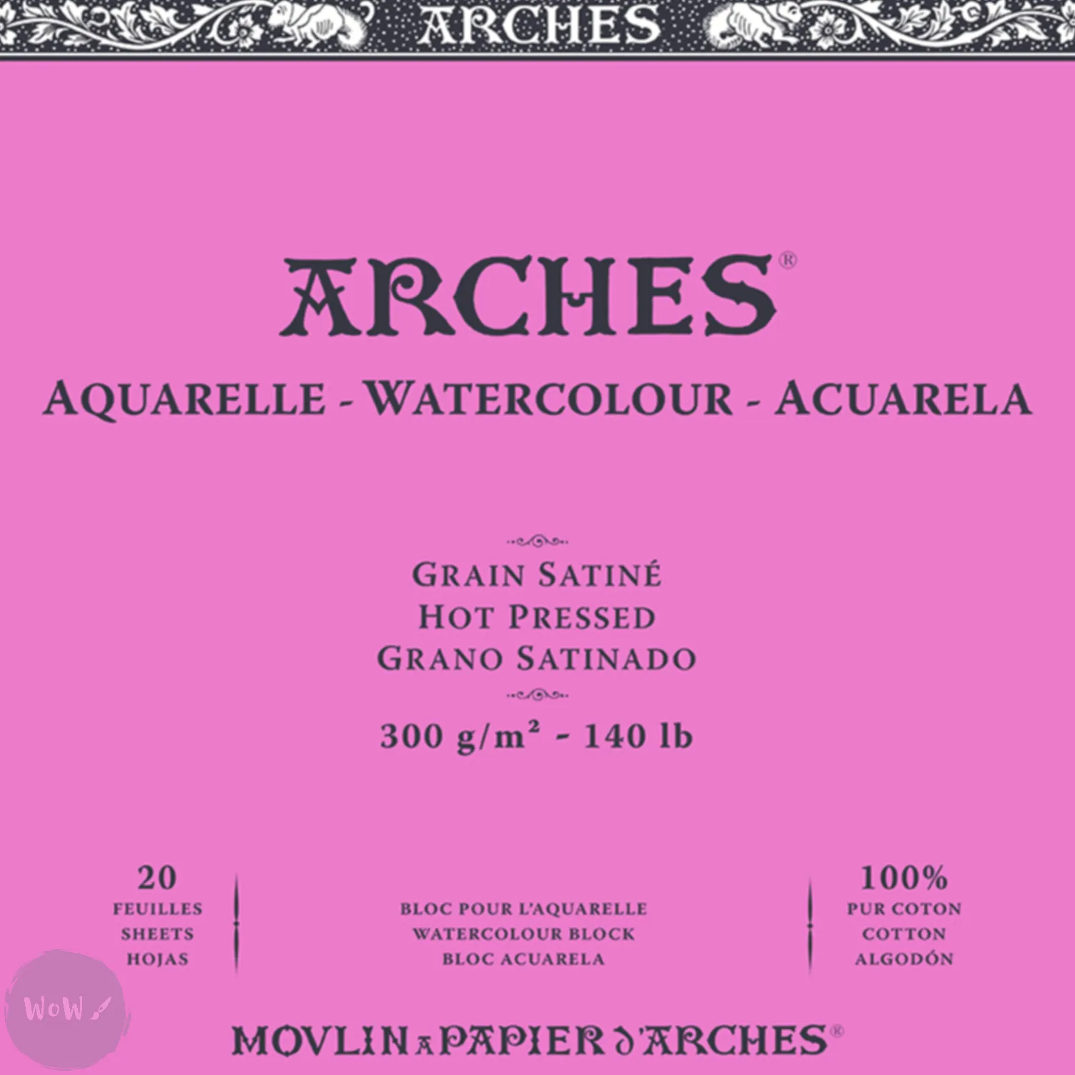 Watercolour Paper - BLOCK - ARCHES Aquarelle -  SATINE (HOT PRESSED / SMOOTH)  140 lb/ 300 gsm WHITE  31 x 41 cm, 12 x 16",