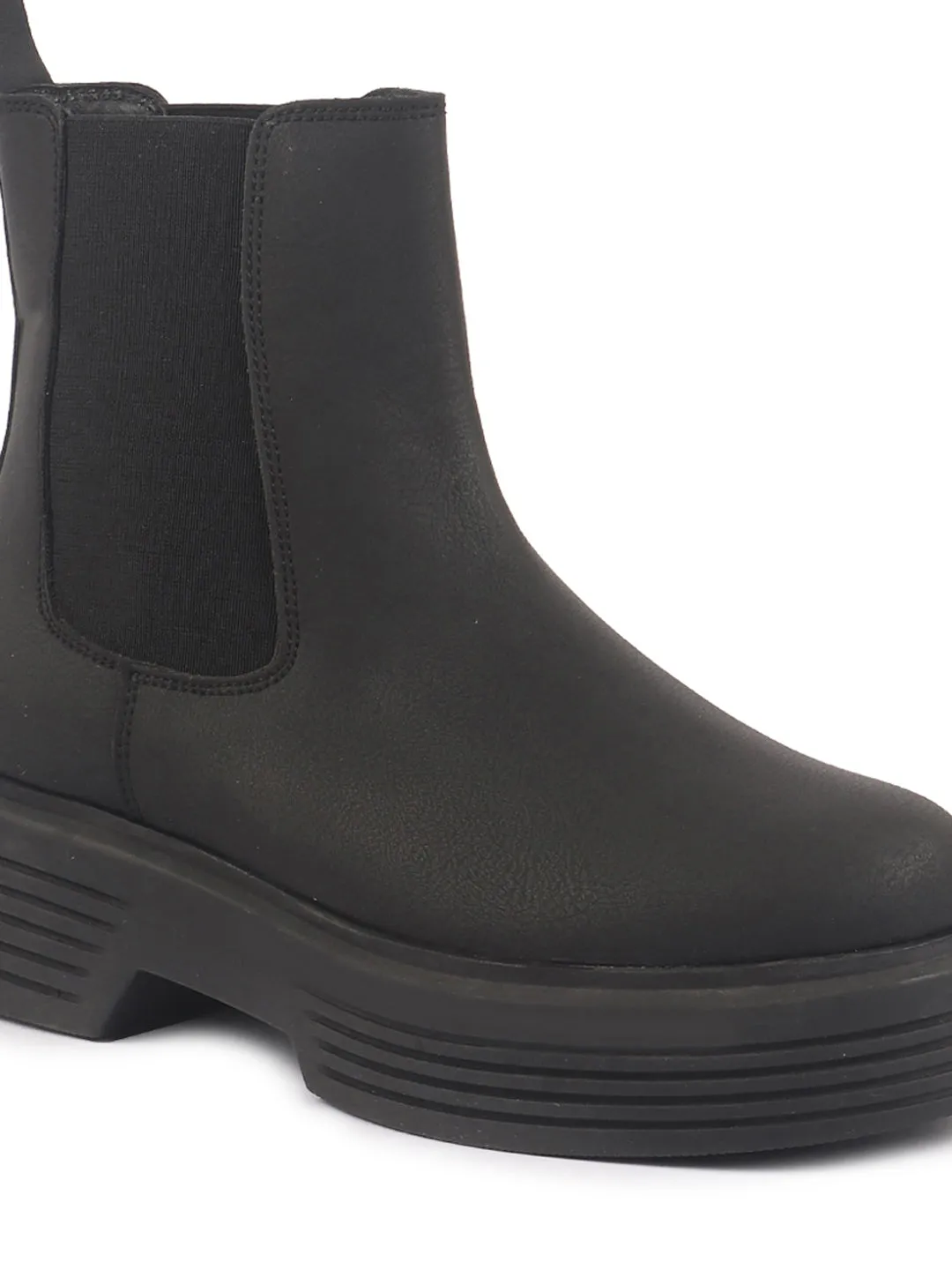 Women Black Height Enhancer Flared Heel High Ankle Top Winter Chelsea Boots|Work Boot|Memory Cushioned Footbed
