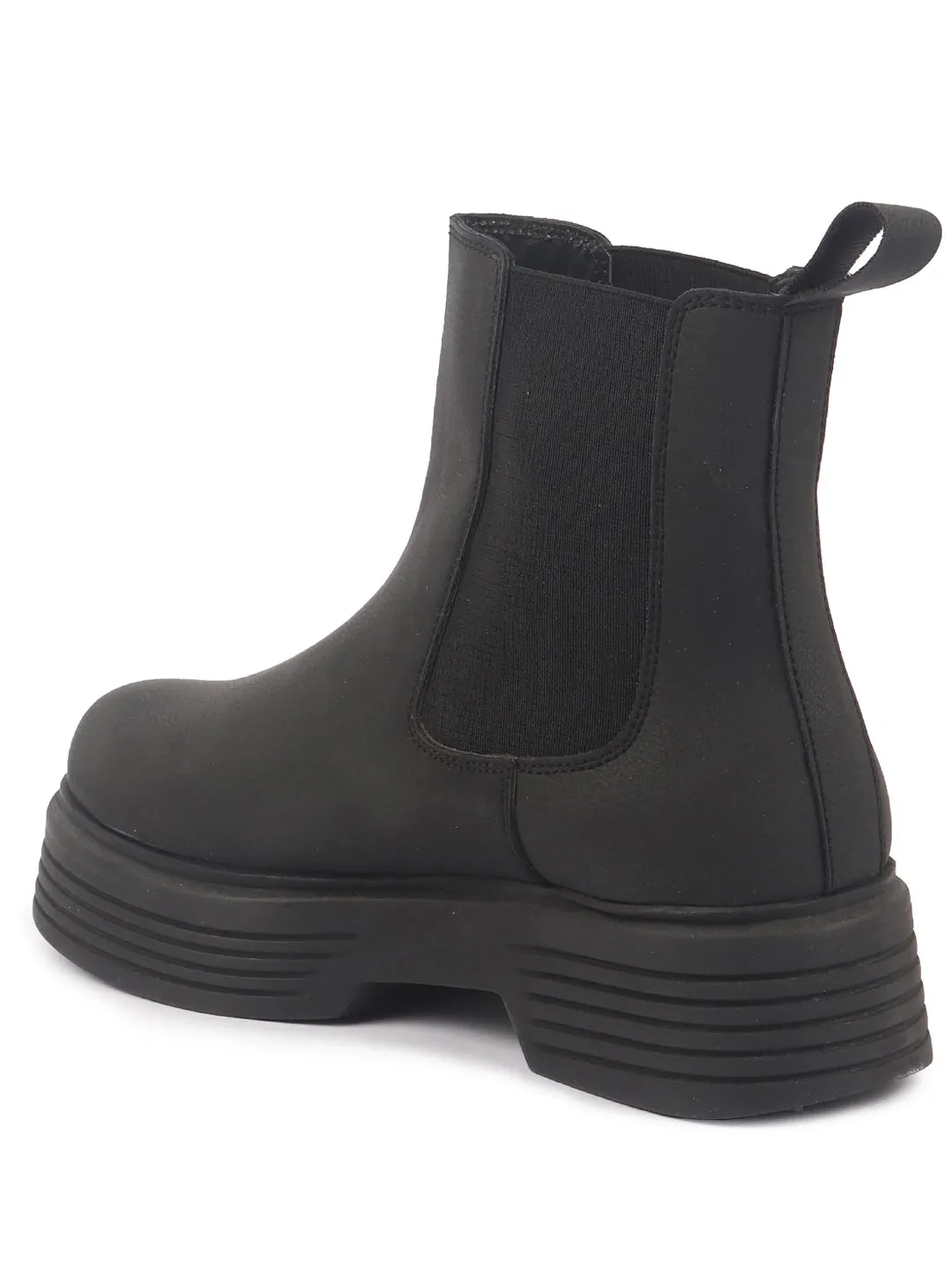 Women Black Height Enhancer Flared Heel High Ankle Top Winter Chelsea Boots|Work Boot|Memory Cushioned Footbed