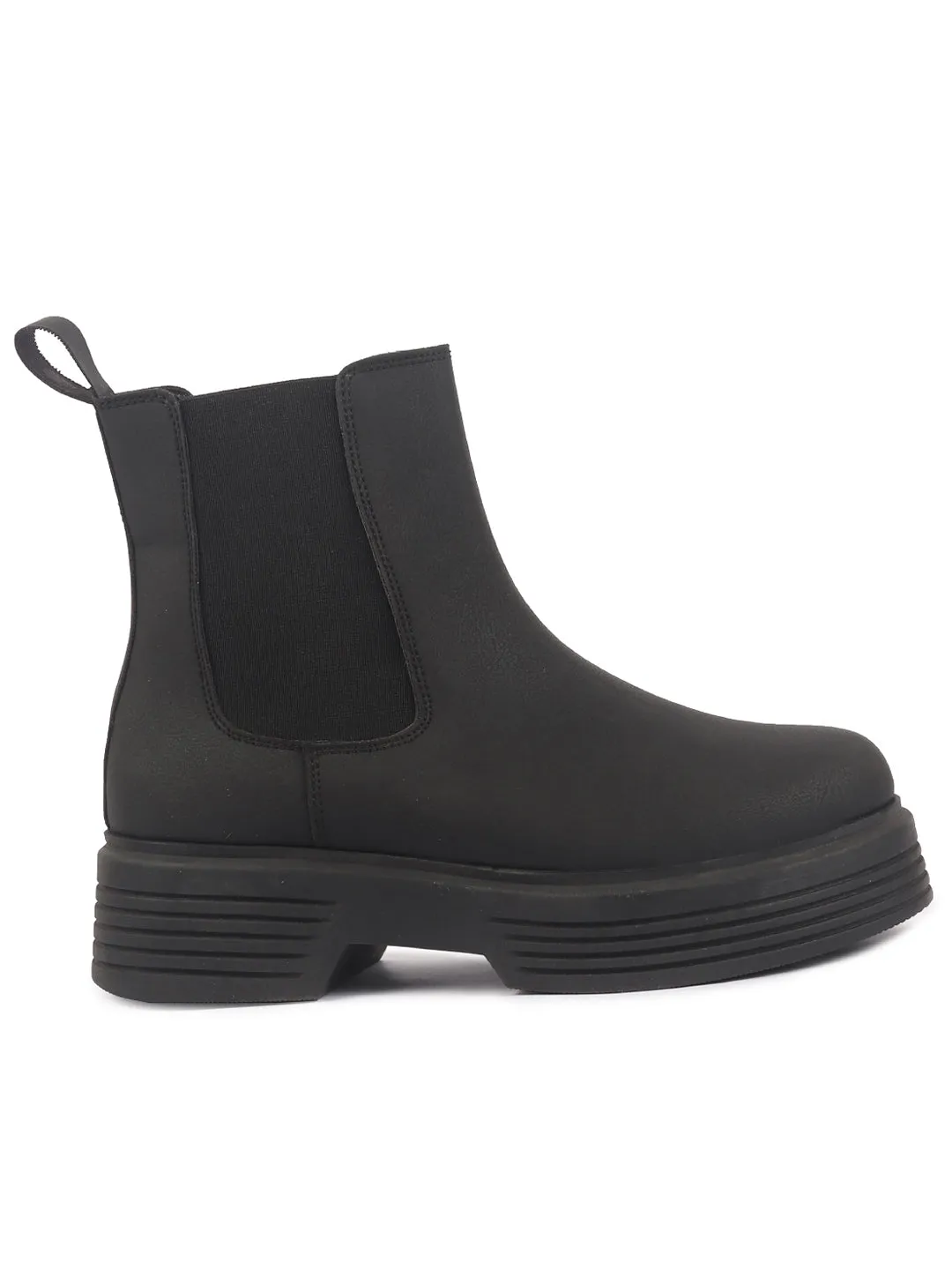 Women Black Height Enhancer Flared Heel High Ankle Top Winter Chelsea Boots|Work Boot|Memory Cushioned Footbed