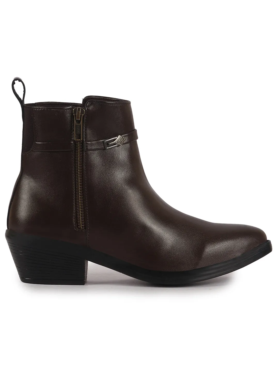 Women Brown Mid Ankle Flared Heel Side Zipper Winter Boots|Dress Boot|Office Boot