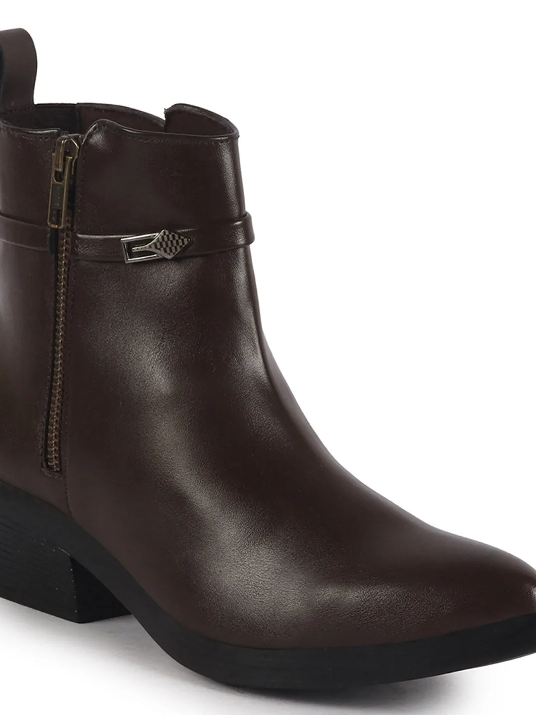 Women Brown Mid Ankle Flared Heel Side Zipper Winter Boots|Dress Boot|Office Boot