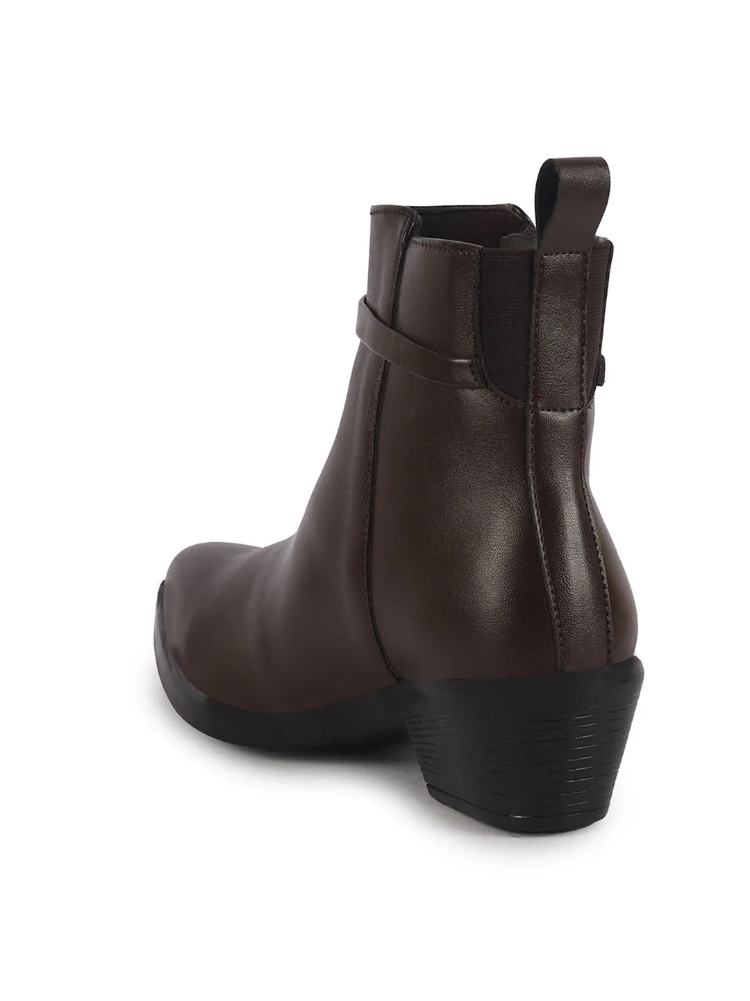 Women Brown Mid Ankle Flared Heel Side Zipper Winter Boots|Dress Boot|Office Boot