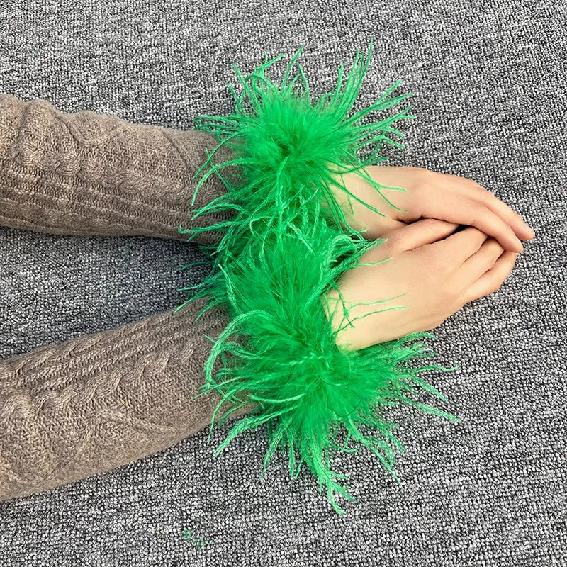 Women Ostrich Fur Cuffs Slap Band Ostrich Feather Bracelets Ring Wristband Accessories