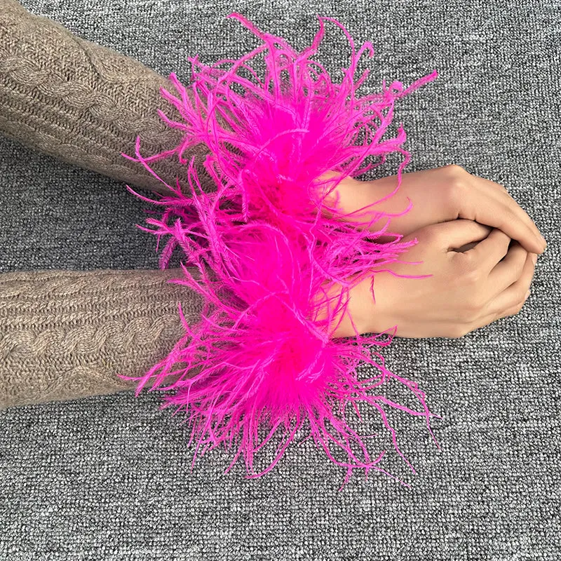 Women Ostrich Fur Cuffs Slap Band Ostrich Feather Bracelets Ring Wristband Accessories