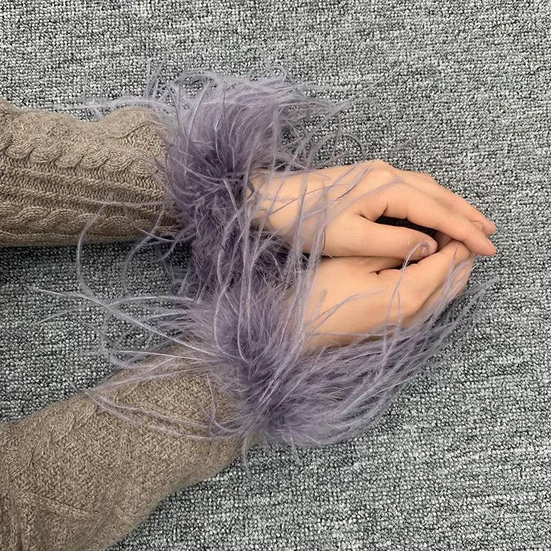 Women Ostrich Fur Cuffs Slap Band Ostrich Feather Bracelets Ring Wristband Accessories