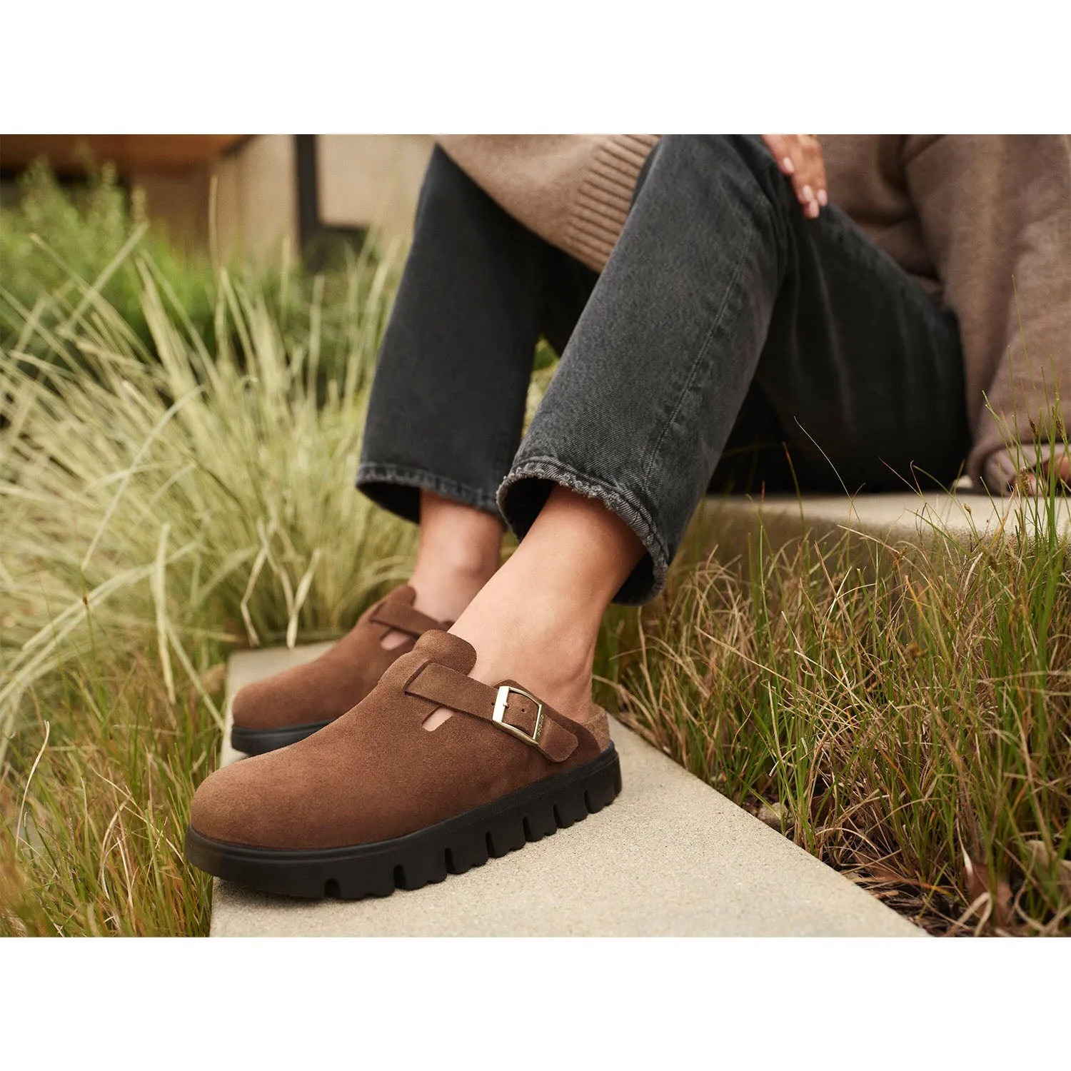Women's Birkenstock Boston Chunky Dark Tea Suede